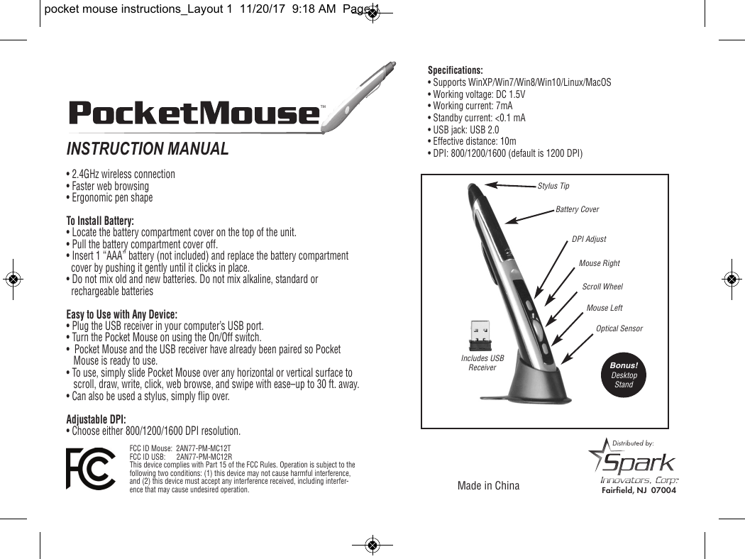 Page 1 of spark innovators PM-MC12R Pocket Mouse (USB) User Manual users manual