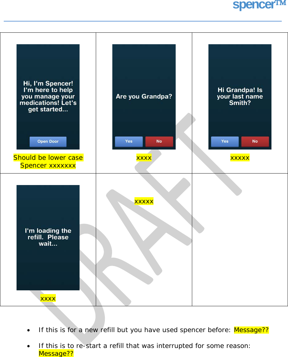 spencer • If this is for a new refill but you have used spencer before: Message?? • If this is to re-start a refill that was interrupted for some reason: Message??                 Should be lower case Spencer xxxxxxx                 xxxx                  xxxxx                  xxxx    xxxxx     