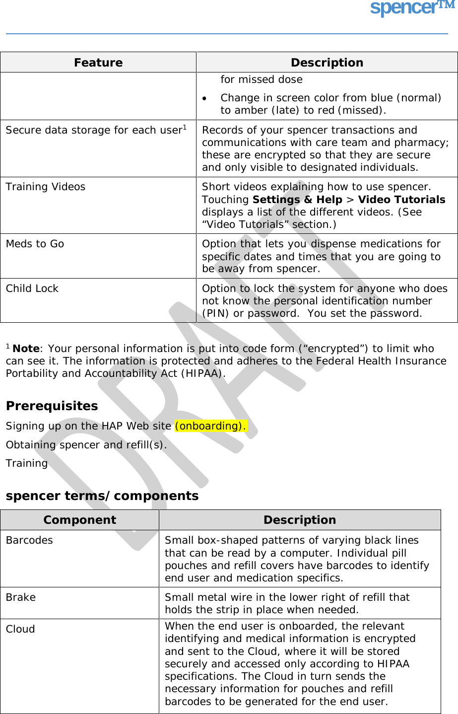 spencer 1 Note: Your personal information is put into code form (“encrypted”) to limit who can see it. The information is protected and adheres to the Federal Health Insurance Portability and Accountability Act (HIPAA). Prerequisites Signing up on the HAP Web site (onboarding). Obtaining spencer and refill(s). Training spencer terms/components Component Description Barcodes  Small box-shaped patterns of varying black lines that can be read by a computer. Individual pill pouches and refill covers have barcodes to identify end user and medication specifics. Brake  Small metal wire in the lower right of refill that holds the strip in place when needed. Cloud  When the end user is onboarded, the relevant identifying and medical information is encrypted and sent to the Cloud, where it will be stored securely and accessed only according to HIPAA specifications. The Cloud in turn sends the necessary information for pouches and refill barcodes to be generated for the end user. Feature Description  for missed dose • Change in screen color from blue (normal) to amber (late) to red (missed). Secure data storage for each user1  Records of your spencer transactions and communications with care team and pharmacy; these are encrypted so that they are secure and only visible to designated individuals. Training Videos  Short videos explaining how to use spencer. Touching Settings &amp; Help &gt; Video Tutorials displays a list of the different videos. (See “Video Tutorials” section.) Meds to Go  Option that lets you dispense medications for specific dates and times that you are going to be away from spencer. Child Lock  Option to lock the system for anyone who does not know the personal identification number (PIN) or password.  You set the password.   