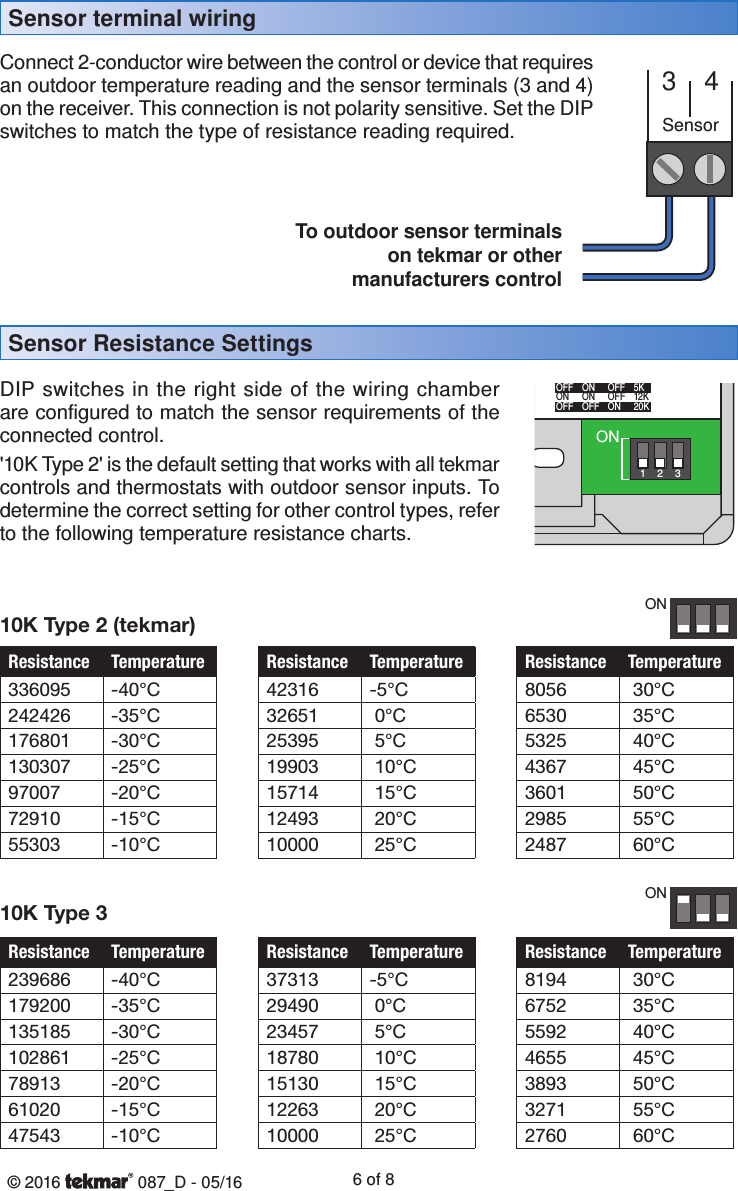 © 2016   087_D - 05/16 6 of 8Resistance Temperature336095 -40°C242426 -35°C176801 -30°C130307 -25°C97007 -20°C72910 -15°C55303 -10°CResistance Temperature42316 -5°C32651  0°C25395  5°C19903  10°C15714  15°C12493  20°C10000  25°CResistance Temperature8056  30°C6530  35°C5325  40°C4367  45°C3601  50°C2985  55°C2487  60°C10K Type 2 (tekmar)ONResistance Temperature239686 -40°C179200 -35°C135185 -30°C102861 -25°C78913 -20°C61020 -15°C47543 -10°CResistance Temperature37313 -5°C29490  0°C23457  5°C18780  10°C15130  15°C12263  20°C10000  25°CResistance Temperature8194  30°C6752  35°C5592  40°C4655  45°C3893  50°C3271  55°C2760  60°C10K Type 3ONSensor Resistance SettingsSensor terminal wiringDIP switches in the right side of the wiring chamber are configured to match the sensor requirements of the connected control.&apos;10K Type 2&apos; is the default setting that works with all tekmar controls and thermostats with outdoor sensor inputs. To determine the correct setting for other control types, refer to the following temperature resistance charts.Connect 2-conductor wire between the control or device that requires an outdoor temperature reading and the sensor terminals (3 and 4) on the receiver. This connection is not polarity sensitive. Set the DIP switches to match the type of resistance reading required.ON12310850ARPower: 24 V (ac) ±10%, 50/60 Hz, X VASensor Voltage Limit: 5 V (dc) maximumWireless Outdoor Sensor 087ReceiverH3017ACommunicationPowerLow BatteryLink41PowerSensor2C3RDate CodeMeets Class B: CanadianICES-003, FCC Part 15  1   2   3 SensorOFF  OFF  OFF  10K TYPE 2 (tekmar)ON  OFF  OFF  10K TYPE 3OFF  ON  OFF  5KON  ON  OFF  12KOFF  OFF  ON  20KDesigned andassembled in Canada4Sensor3To outdoor sensor terminals on tekmar or other manufacturers control