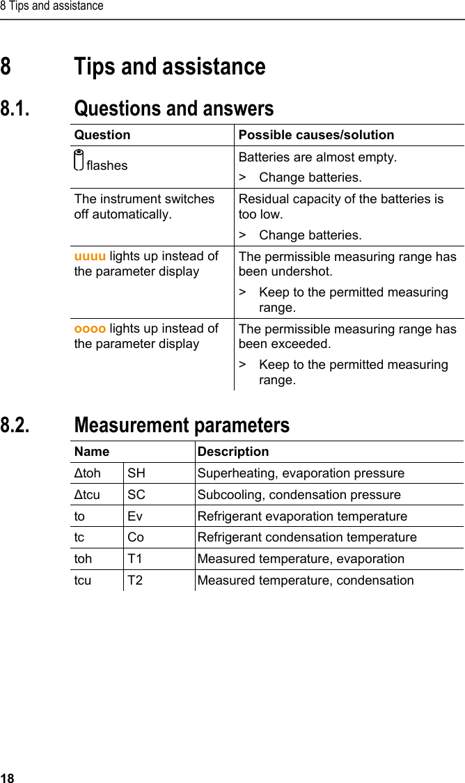 8 Tips and assistance 18 8 Tips and assistance  8.1. Questions and answers  Question Possible causes/solution  flashes  Batteries are almost empty. &gt; Change batteries. The instrument switches off automatically. Residual capacity of the batteries is too low. &gt; Change batteries. uuuu lights up instead of the parameter display  The permissible measuring range has been undershot. &gt;  Keep to the permitted measuring range. oooo lights up instead of the parameter display  The permissible measuring range has been exceeded. &gt;  Keep to the permitted measuring range.   8.2. Measurement parameters Name Description Δtoh SH  Superheating, evaporation pressure Δtcu SC  Subcooling, condensation pressure to  Ev  Refrigerant evaporation temperature tc  Co  Refrigerant condensation temperature toh T1  Measured temperature, evaporation tcu  T2  Measured temperature, condensation   