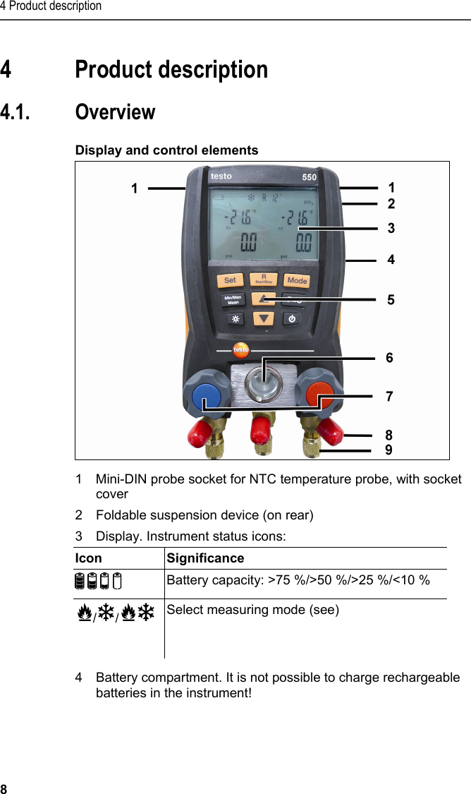 4 Product description 8   4 Product description  4.1. Overview   Display and control elements  1Mini-DIN probe socket for NTC temperature probe, with socket cover  2 Foldable suspension device (on rear) 3Display. Instrument status icons: Icon   Significance         Battery capacity: &gt;75 %/&gt;50 %/&gt;25 %/&lt;10 % / /   Select measuring mode (see) 4Battery compartment. It is not possible to charge rechargeable batteries in the instrument! 