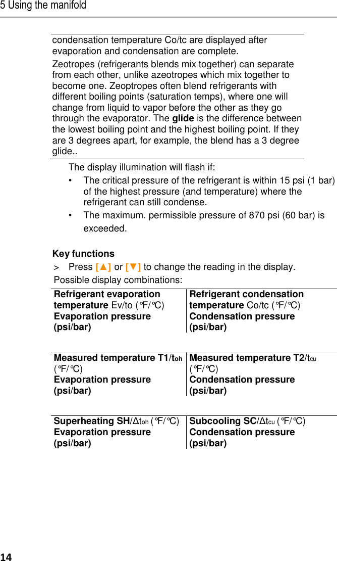 5 Using the manifold 14 condensation temperature Co/tc are displayed after evaporation and condensation are complete. Zeotropes (refrigerants blends mix together) can separate from each other, unlike azeotropes which mix together to become one. Zeoptropes often blend refrigerants with different boiling points (saturation temps), where one will change from liquid to vapor before the other as they go through the evaporator. The glide is the difference between the lowest boiling point and the highest boiling point. If they are 3 degrees apart, for example, the blend has a 3 degree glide..  The display illumination will flash if: •  The critical pressure of the refrigerant is within 15 psi (1 bar) of the highest pressure (and temperature) where the refrigerant can still condense. •  The maximum. permissible pressure of 870 psi (60 bar) is   exceeded.   Key functions &gt;  Press [▲] or [▼] to change the reading in the display.  Possible display combinations:  Refrigerant evaporation temperature Ev/to (°F/°C)  Evaporation pressure (psi/bar)  Refrigerant condensation temperature Co/tc (°F/°C)  Condensation pressure  (psi/bar)   Measured temperature T1/toh (°F/°C)  Evaporation pressure (psi/bar)  Measured temperature T2/tcu (°F/°C)  Condensation pressure  (psi/bar)   Superheating SH/Δtoh (°F/°C)  Evaporation pressure (psi/bar)  Subcooling SC/Δtcu (°F/°C)  Condensation pressure  (psi/bar)         