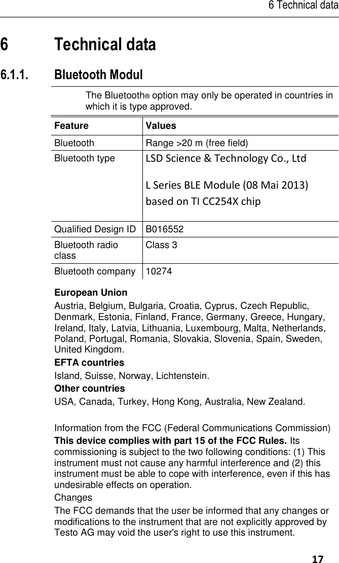 6 Technical data     17 6 Technical data Pos: 22 /TD/Leist ungsbeschreib ung/Technische D aten/testo 557 1 @ 17\mo d_142650029 2878_79.docx @  211611 @ 3 3 @ 1  6.1.1. Bluetooth Modul    The Bluetooth® option may only be operated in countries in which it is type approved.   Feature  Values  Bluetooth  Range &gt;20 m (free field) Bluetooth type LSD Science &amp; Technology Co., Ltd  L Series BLE Module (08 Mai 2013) based on TI CC254X chip Qualified Design ID B016552 Bluetooth radio class Class 3 Bluetooth company 10274 European Union Austria, Belgium, Bulgaria, Croatia, Cyprus, Czech Republic, Denmark, Estonia, Finland, France, Germany, Greece, Hungary, Ireland, Italy, Latvia, Lithuania, Luxembourg, Malta, Netherlands, Poland, Portugal, Romania, Slovakia, Slovenia, Spain, Sweden, United Kingdom.  EFTA countries Island, Suisse, Norway, Lichtenstein. Other countries USA, Canada, Turkey, Hong Kong, Australia, New Zealand.  Information from the FCC (Federal Communications Commission)  This device complies with part 15 of the FCC Rules. Its commissioning is subject to the two following conditions: (1) This instrument must not cause any harmful interference and (2) this instrument must be able to cope with interference, even if this has undesirable effects on operation.  Changes  The FCC demands that the user be informed that any changes or modifications to the instrument that are not explicitly approved by Testo AG may void the user&apos;s right to use this instrument. 