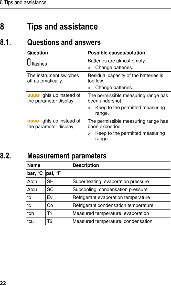 8 Tips and assistance 22 Pos: 38 /TD/Üb erschriften/8. Tip ps und Hilfe @  0\mod_11737 89887985_79.d ocx @ 406 @  1 @ 1  8 Tips and assistance Pos: 39 /TD/Üb erschriften/8.1 Fr agen und Ant worten @ 0\ mod_11774020170 78_79.docx @  1093 @ 2 @  1  8.1. Questions and answers Pos: 40 /TD/Tip ps und Hilfe/Frag en und Ant worten/testo 550/FA Q testo 550 @  5\mod_126 5185945986_79.d ocx @ 5696 4 @  @ 1  Question Possible causes/solution  flashes Batteries are almost empty. &gt;  Change batteries. The instrument switches off automatically. Residual capacity of the batteries is too low. &gt;  Change batteries. uuuu lights up instead of the parameter display  The permissible measuring range has been undershot. &gt;  Keep to the permitted measuring range. oooo lights up instead of the parameter display  The permissible measuring range has been exceeded. &gt;  Keep to the permitted measuring range.  Pos: 41 /TD/Tip ps und Hilfe/Frag en und Ant worten/testo 550/Mes sgrößen testo  550 @ 5\ mod_126518610 4485_79.docx @  56996 @ 2 @  1  8.2. Measurement parameters Name Description bar, °C psi, °F  Δtoh SH Superheating, evaporation pressure Δtcu SC Subcooling, condensation pressure to Ev Refrigerant evaporation temperature tc Co Refrigerant condensation temperature toh T1 Measured temperature, evaporation tcu T2 Measured temperature, condensation  Pos: 42 /TD/Tip ps und Hilfe/Fe hlermeldungen/Fe hlermeldung en testo 550 @  5\mod_12641 66753739_79.do cx @ 56778 @  2 @ 1  
