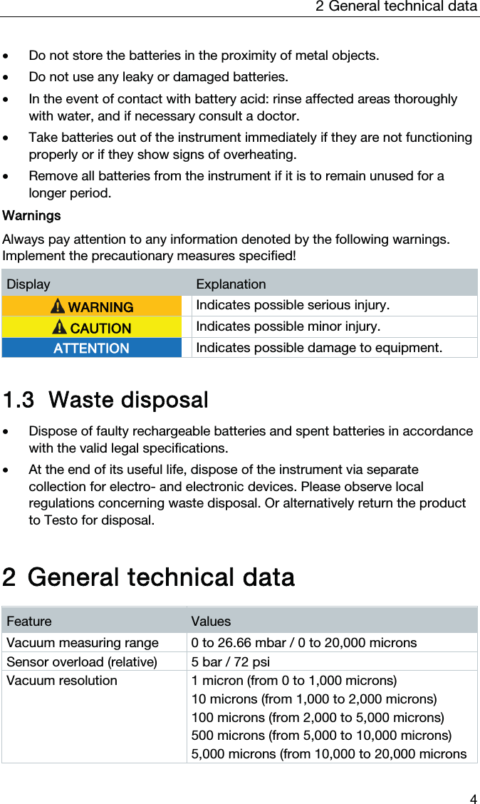 2  General technical data  4 • Do not store the batteries in the proximity of metal objects.  • Do not use any leaky or damaged batteries.  • In the event of contact with battery acid: rinse affected areas thoroughly with water, and if necessary consult a doctor.  • Take batteries out of the instrument immediately if they are not functioning properly or if they show signs of overheating.  • Remove all batteries from the instrument if it is to remain unused for a longer period.  Warnings  Always pay attention to any information denoted by the following warnings. Implement the precautionary measures specified! Display  Explanation  WARNING  Indicates possible serious injury.  CAUTION  Indicates possible minor injury. ATTENTION  Indicates possible damage to equipment.    1.3 Waste disposal • Dispose of faulty rechargeable batteries and spent batteries in accordance with the valid legal specifications. • At the end of its useful life, dispose of the instrument via separate collection for electro- and electronic devices. Please observe local regulations concerning waste disposal. Or alternatively return the product to Testo for disposal.  2 General technical data Feature  Values Vacuum measuring range  0 to 26.66 mbar / 0 to 20,000 microns Sensor overload (relative)  5 bar / 72 psi Vacuum resolution  1 micron (from 0 to 1,000 microns)  10 microns (from 1,000 to 2,000 microns)  100 microns (from 2,000 to 5,000 microns)  500 microns (from 5,000 to 10,000 microns) 5,000 microns (from 10,000 to 20,000 microns 