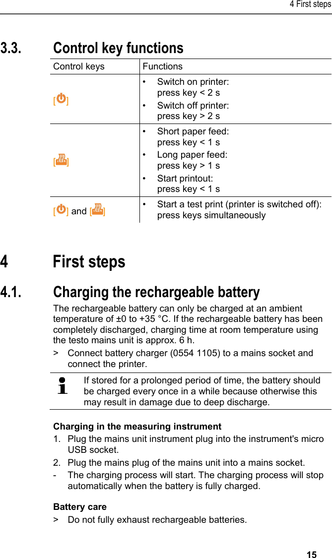 4 First steps   15 3.3. Control key functions Control keys  Functions  [] •  Switch on printer: press key &lt; 2 s •  Switch off printer: press key &gt; 2 s []  •  Short paper feed: press key &lt; 1 s •  Long paper feed: press key &gt; 1 s • Start printout: press key &lt; 1 s [] and []   •  Start a test print (printer is switched off): press keys simultaneously  Pos: 17 /TD/Überschr iften/5. Erste Schr itte @ 0\mod_1173774895039_ 79.docx @ 319 @ 1 @ 1  4 First steps Pos: 18 /TD/Erste Sc hritte/Printer/Akku l aden @ 15\mod_13891851638 05_79.docx @ 180440 @ 255 @ 1   4.1. Charging the rechargeable battery The rechargeable battery can only be charged at an ambient temperature of ±0 to +35 °C. If the rechargeable battery has been completely discharged, charging time at room temperature using the testo mains unit is approx. 6 h. &gt;  Connect battery charger (0554 1105) to a mains socket and connect the printer.    If stored for a prolonged period of time, the battery should be charged every once in a while because otherwise this may result in damage due to deep discharge.  Charging in the measuring instrument 1.  Plug the mains unit instrument plug into the instrument&apos;s micro USB socket. 2.  Plug the mains plug of the mains unit into a mains socket. -  The charging process will start. The charging process will stop automatically when the battery is fully charged. Battery care &gt;  Do not fully exhaust rechargeable batteries. 