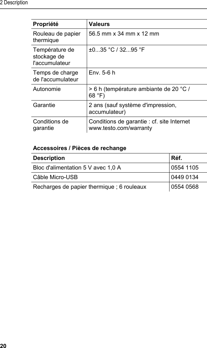 2 Description 20 Propriété Valeurs Rouleau de papier thermique 56.5 mm x 34 mm x 12 mm Température de stockage de l&apos;accumulateur ±0...35 °C / 32...95 °F Temps de charge de l&apos;accumulateur Env. 5-6 h  Autonomie  &gt; 6 h (température ambiante de 20 °C / 68 °F) Garantie  2 ans (sauf système d&apos;impression, accumulateur) Conditions de garantie Conditions de garantie : cf. site Internet www.testo.com/warranty   Pos: 11 /TD/Leistungsb eschreibung/Techni sche Daten/Printer /0554 0576 Zubehör_Ersa tzteile @ 15\mod_13891 02991923_201.doc x @ 180267 @ 5 @ 1  Accessoires / Pièces de rechange  Description   Réf. Bloc d&apos;alimentation 5 V avec 1,0 A   0554 1105 Câble Micro-USB  0449 0134 Recharges de papier thermique ; 6 rouleaux  0554 0568  