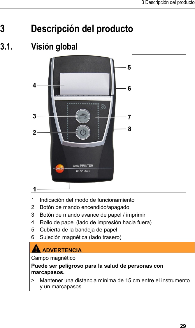 3 Descripción del producto   29 Pos: 12 /TD/Überschr iften/4. Produktbesc hreibung @ 0\mod_1173 774846679_206.doc x @ 312 @ 3 @ 1  3 Descripción del producto Pos: 13 /TD/Überschr iften/4.1 Übersic ht @ 0\mod_1176379946003_2 06.docx @ 735 @ 5 @ 1  3.1. Visión global  Pos: 14 /TD/Produktb eschreibung/Übersic ht/Printer/057 2 0576 Übersicht @ 15\mod_1389 348198374_206.doc x @ 180727 @  @ 1    1  Indicación del modo de funcionamiento 2  Botón de mando encendido/apagado 3  Botón de mando avance de papel / imprimir 4  Rollo de papel (lado de impresión hacia fuera) 5  Cubierta de la bandeja de papel 6  Sujeción magnética (lado trasero)  ADVERTENCIACampo magnético Puede ser peligroso para la salud de personas con marcapasos. &gt;  Mantener una distancia mínima de 15 cm entre el instrumento y un marcapasos.  