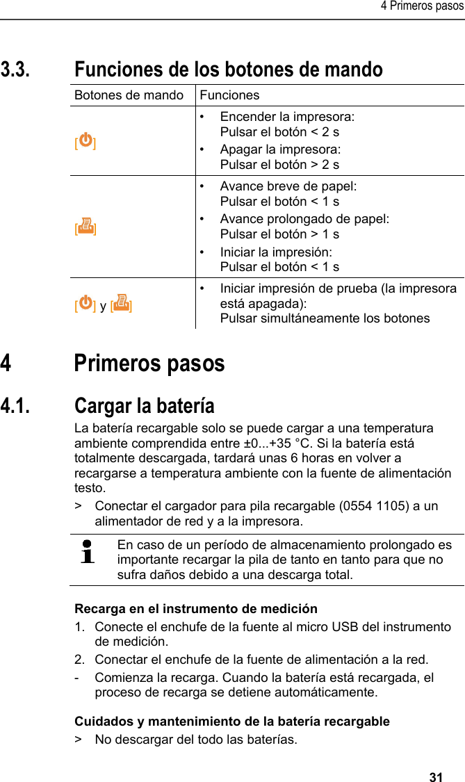 4 Primeros pasos   31 Pos: 16 /TD/Produktb eschreibung/Grund legende Eigenschafte n/Printer/Funkti onen der Bedientasten 05 54 0576 @ 15\mod_1390462739 013_206.docx @ 181209 @ 2 @ 1  3.3. Funciones de los botones de mando Botones de mando  Funciones  [] •  Encender la impresora: Pulsar el botón &lt; 2 s •  Apagar la impresora: Pulsar el botón &gt; 2 s []  •  Avance breve de papel: Pulsar el botón &lt; 1 s •  Avance prolongado de papel: Pulsar el botón &gt; 1 s •  Iniciar la impresión: Pulsar el botón &lt; 1 s [] y []  •  Iniciar impresión de prueba (la impresora está apagada): Pulsar simultáneamente los botones Pos: 17 /TD/Überschr iften/5. Erste Schr itte @ 0\mod_1173774895039_ 206.docx @ 321 @ 1 @ 1  4 Primeros pasos Pos: 18 /TD/Erste Sc hritte/Printer/Akku l aden @ 15\mod_13891851638 05_206.docx @ 180442 @ 255 @  1  4.1. Cargar la batería La batería recargable solo se puede cargar a una temperatura ambiente comprendida entre ±0...+35 °C. Si la batería está totalmente descargada, tardará unas 6 horas en volver a recargarse a temperatura ambiente con la fuente de alimentación testo. &gt;  Conectar el cargador para pila recargable (0554 1105) a un alimentador de red y a la impresora.    En caso de un período de almacenamiento prolongado es importante recargar la pila de tanto en tanto para que no sufra daños debido a una descarga total.  Recarga en el instrumento de medición 1.  Conecte el enchufe de la fuente al micro USB del instrumento de medición. 2.  Conectar el enchufe de la fuente de alimentación a la red. -  Comienza la recarga. Cuando la batería está recargada, el proceso de recarga se detiene automáticamente. Cuidados y mantenimiento de la batería recargable &gt;  No descargar del todo las baterías. 