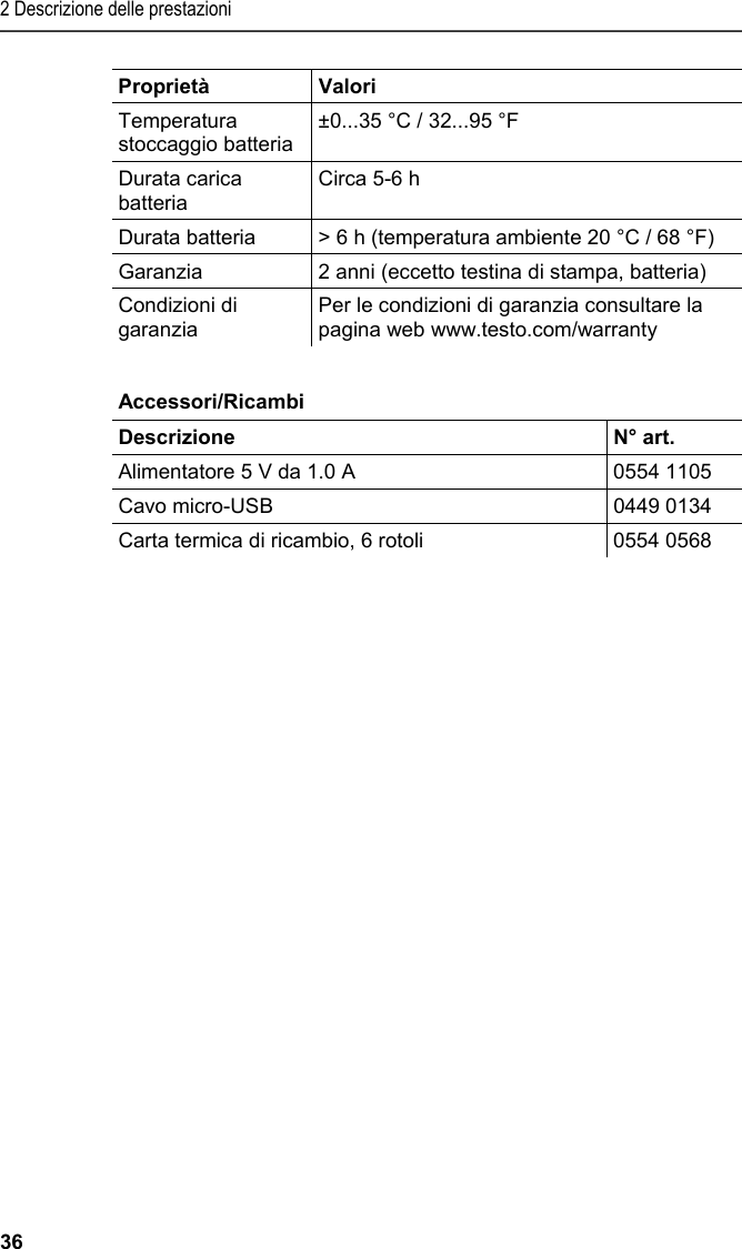 2 Descrizione delle prestazioni 36 Proprietà Valori Temperatura stoccaggio batteria ±0...35 °C / 32...95 °F Durata carica batteria Circa 5-6 h  Durata batteria  &gt; 6 h (temperatura ambiente 20 °C / 68 °F) Garanzia  2 anni (eccetto testina di stampa, batteria) Condizioni di garanzia Per le condizioni di garanzia consultare la pagina web www.testo.com/warranty   Pos: 11 /TD/Leistungsb eschreibung/Techni sche Daten/Printer /0554 0576 Zubehör_Ersa tzteile @ 15\mod_13891 02991923_211.doc x @ 180269 @ 5 @ 1  Accessori/Ricambi  Descrizione   N° art. Alimentatore 5 V da 1.0 A   0554 1105 Cavo micro-USB  0449 0134 Carta termica di ricambio, 6 rotoli  0554 0568  