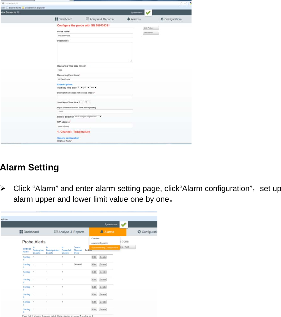   Alarm Setting   Click “Alarm” and enter alarm setting page, click“Alarm configuration”，set up alarm upper and lower limit value one by one。 