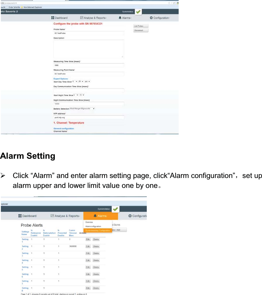 Alarm Setting¾Click “Alarm” and enter alarm setting page, click“Alarm configuration”ˈset up alarm upper and lower limit value one by oneǄ