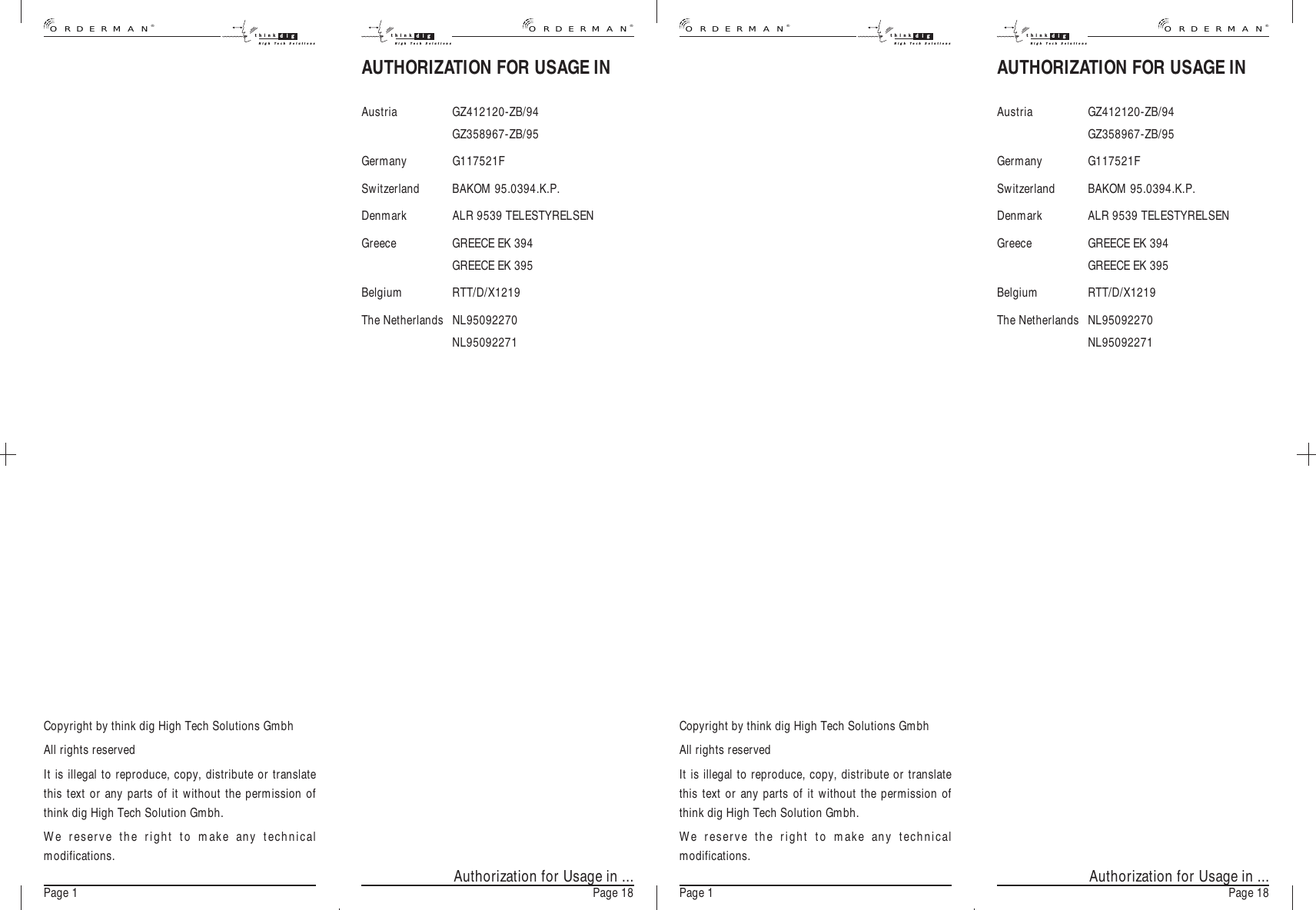 Page 1Copyright by think dig High Tech Solutions GmbhAll rights reservedIt is illegal to reproduce, copy, distribute or translatethis text or any parts of it without the permission ofthink dig High Tech Solution Gmbh.We reserve the right to make any technicalmodifications.Page 1Copyright by think dig High Tech Solutions GmbhAll rights reservedIt is illegal to reproduce, copy, distribute or translatethis text or any parts of it without the permission ofthink dig High Tech Solution Gmbh.We reserve the right to make any technicalmodifications.®ORDERMANthink digHigh Tech Solutions®ORDERMANthink digHigh Tech SolutionsAuthorization for Usage in ...Page 18AUTHORIZATION FOR USAGE INAustria GZ412120-ZB/94GZ358967-ZB/95Germany G117521FSwitzerland BAKOM 95.0394.K.P.Denmark ALR 9539 TELESTYRELSENGreece GREECE EK 394GREECE EK 395Belgium RTT/D/X1219The Netherlands NL95092270NL95092271think digHigh Tech Solutions®ORDERMANAuthorization for Usage in ...Page 18AUTHORIZATION FOR USAGE INAustria GZ412120-ZB/94GZ358967-ZB/95Germany G117521FSwitzerland BAKOM 95.0394.K.P.Denmark ALR 9539 TELESTYRELSENGreece GREECE EK 394GREECE EK 395Belgium RTT/D/X1219The Netherlands NL95092270NL95092271think digHigh Tech Solutions®ORDERMAN