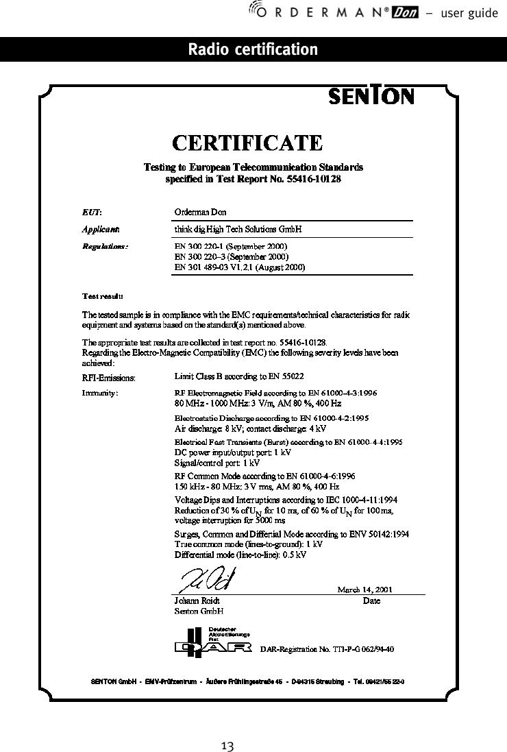 –  user guide 13    Radio certification                