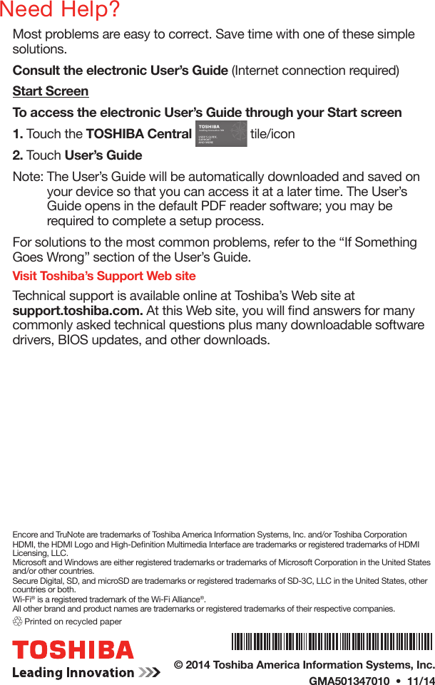 Page 8 of 8 - Toshiba  Encore 2 Write - Quick Start UG EN