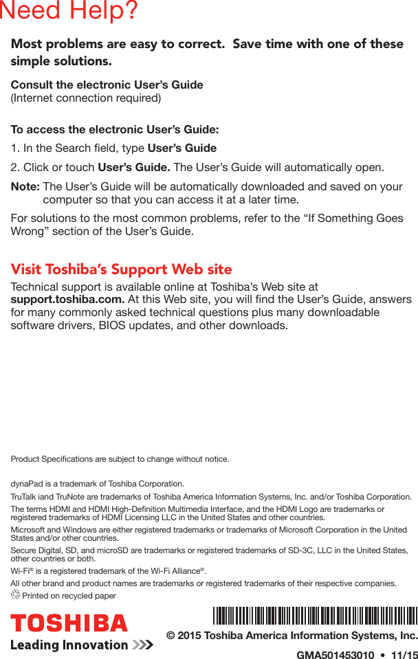 Page 8 of 8 - Toshiba  WT12PE-A - Quick Start Dyna Pad EN QSG