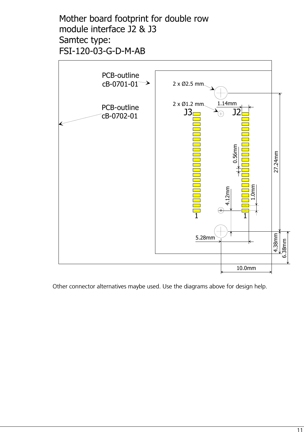  11 2 x Ø1.2 mmMother board footprint for double rowmodule interface J2 &amp; J3Samtec type:FSI-120-03-G-D-M-AB1.0mm5.28mm4.12mm2 x Ø2.5 mm0.56mmPCB-outlinecB-0701-01PCB-outlinecB-0702-0110.0mm4.38mm6.38mm27.24mm1.14mm11J2J3 Other connector alternatives maybe used. Use the diagrams above for design help.  