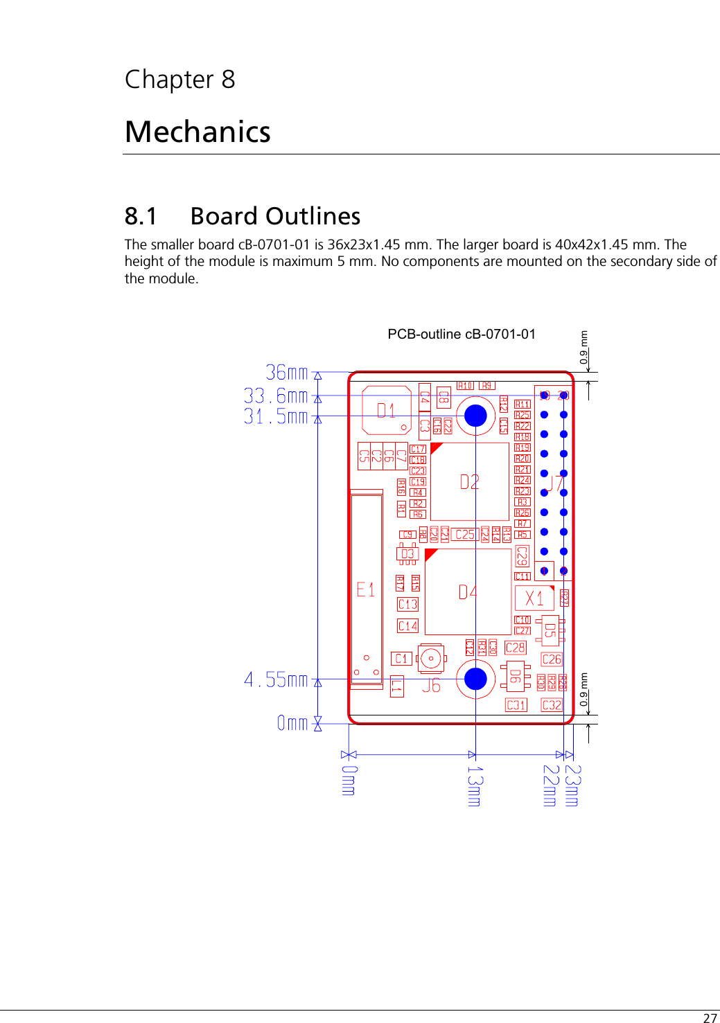  27  Chapter 8 Mechanics 8.1 Board Outlines The smaller board cB-0701-01 is 36x23x1.45 mm. The larger board is 40x42x1.45 mm. The height of the module is maximum 5 mm. No components are mounted on the secondary side of the module.  0.9 mm0.9 mmPCB-outline cB-0701-01 