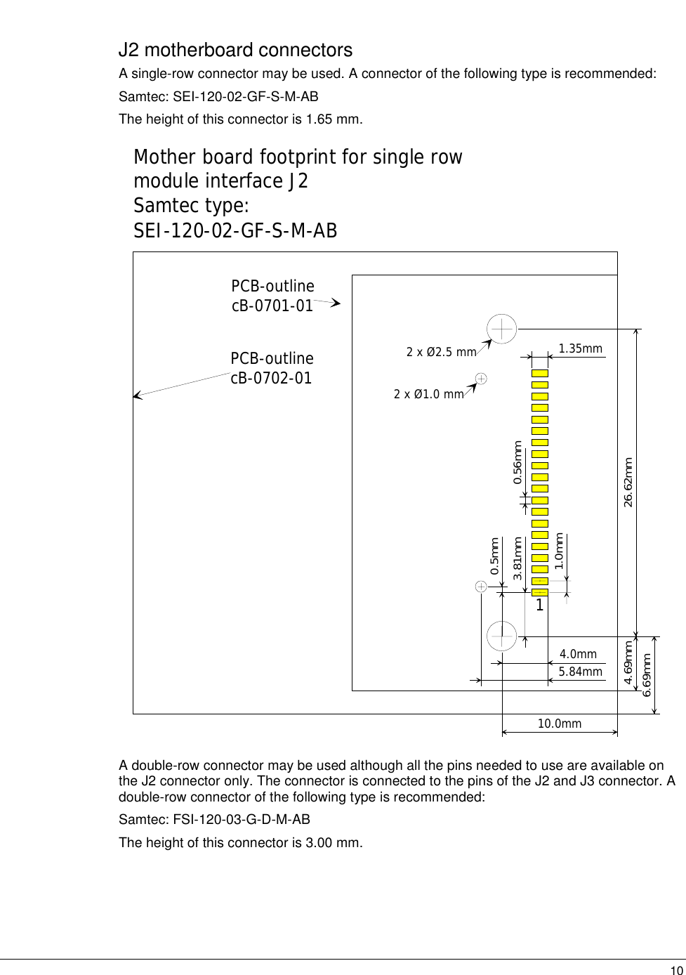   10J2 motherboard connectors A single-row connector may be used. A connector of the following type is recommended:  Samtec: SEI-120-02-GF-S-M-AB The height of this connector is 1.65 mm. 2 x Ø1.0 mmMother board footprint for single rowmodule interface J2Samtec type:SEI-120-02-GF-S-M-AB1.0mm0.5mm4.0mm5.84mm3.81mm2 x Ø2.5 mm0.56mmPCB-outlinecB-0701-01PCB-outlinecB-0702-0110.0mm4.69mm6.69mm26.62mm1.35mm1 A double-row connector may be used although all the pins needed to use are available on the J2 connector only. The connector is connected to the pins of the J2 and J3 connector. A double-row connector of the following type is recommended:  Samtec: FSI-120-03-G-D-M-AB The height of this connector is 3.00 mm. 