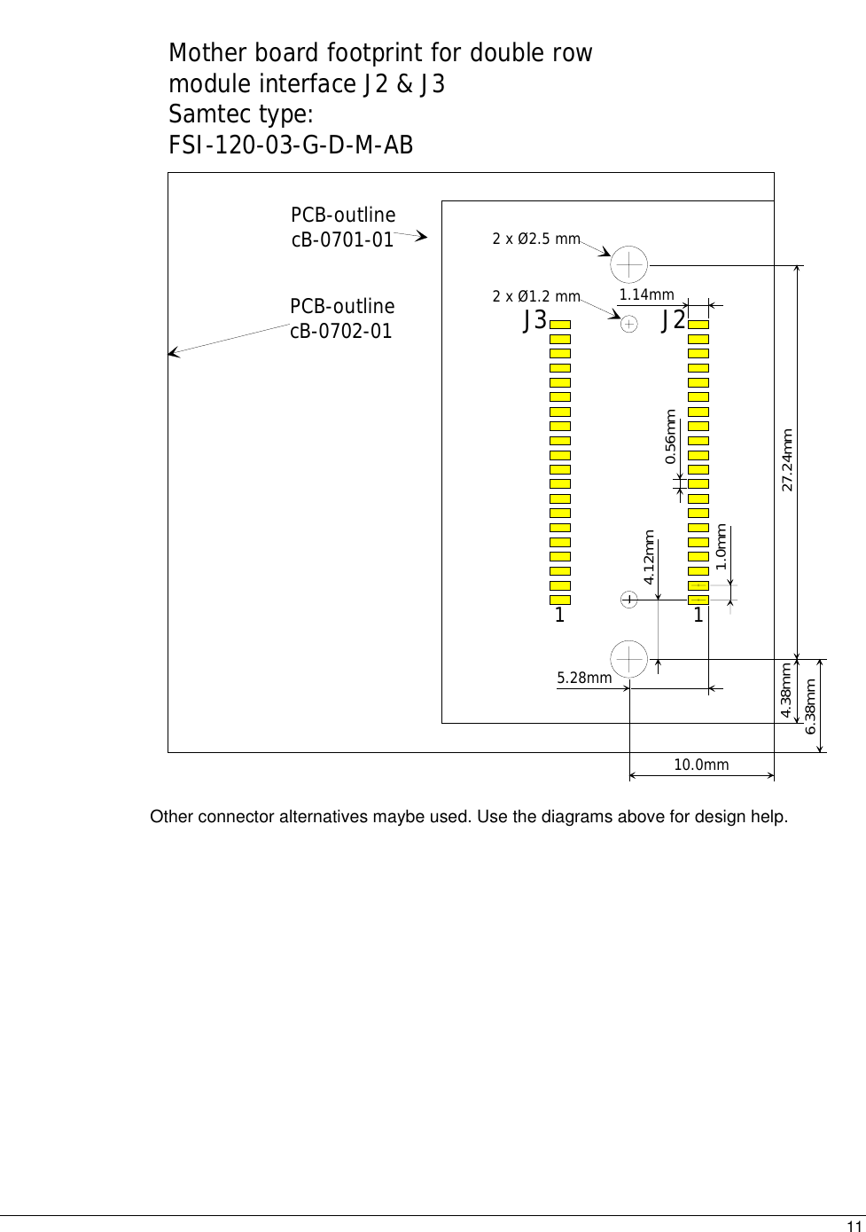  11 2 x Ø1.2 mmMother board footprint for double rowmodule interface J2 &amp; J3Samtec type:FSI-120-03-G-D-M-AB1.0mm5.28mm4.12mm2 x Ø2.5 mm0.56mmPCB-outlinecB-0701-01PCB-outlinecB-0702-0110.0mm4.38mm6.38mm27.24mm1.14mm11J2J3 Other connector alternatives maybe used. Use the diagrams above for design help.  