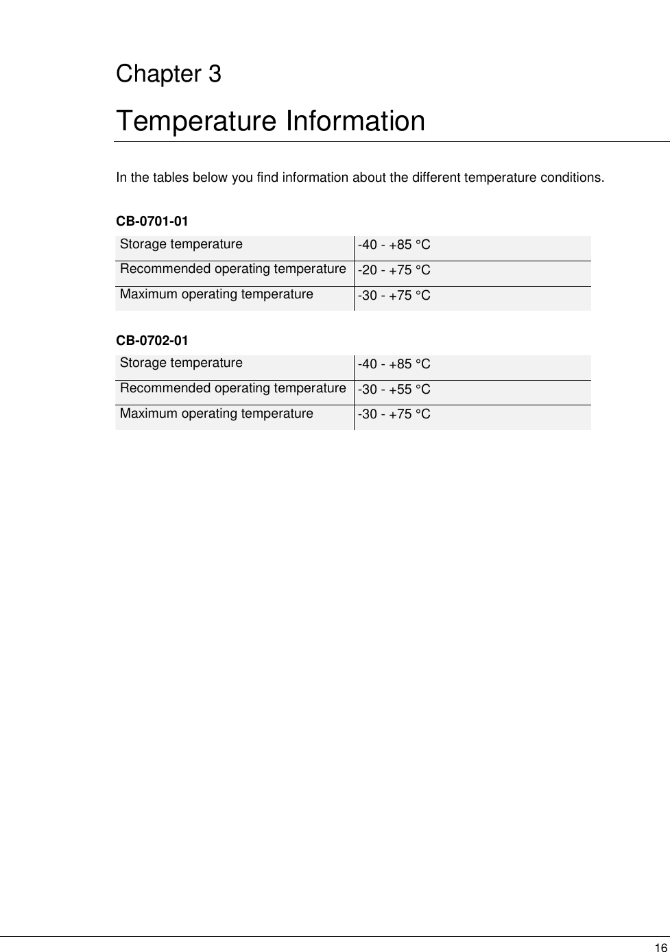   16 Chapter 3 Temperature Information In the tables below you find information about the different temperature conditions.  CB-0701-01 Storage temperature  -40 - +85 °C Recommended operating temperature  -20 - +75 °C Maximum operating temperature  -30 - +75 °C  CB-0702-01 Storage temperature  -40 - +85 °C Recommended operating temperature  -30 - +55 °C Maximum operating temperature  -30 - +75 °C 