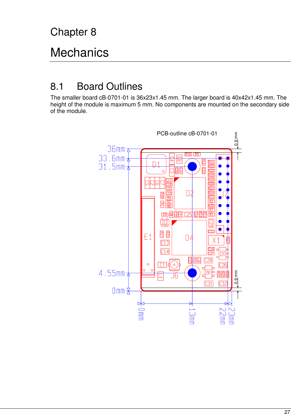  27  Chapter 8 Mechanics 8.1 Board Outlines The smaller board cB-0701-01 is 36x23x1.45 mm. The larger board is 40x42x1.45 mm. The height of the module is maximum 5 mm. No components are mounted on the secondary side of the module.  0.9 mm0.9 mmPCB-outline cB-0701-01 