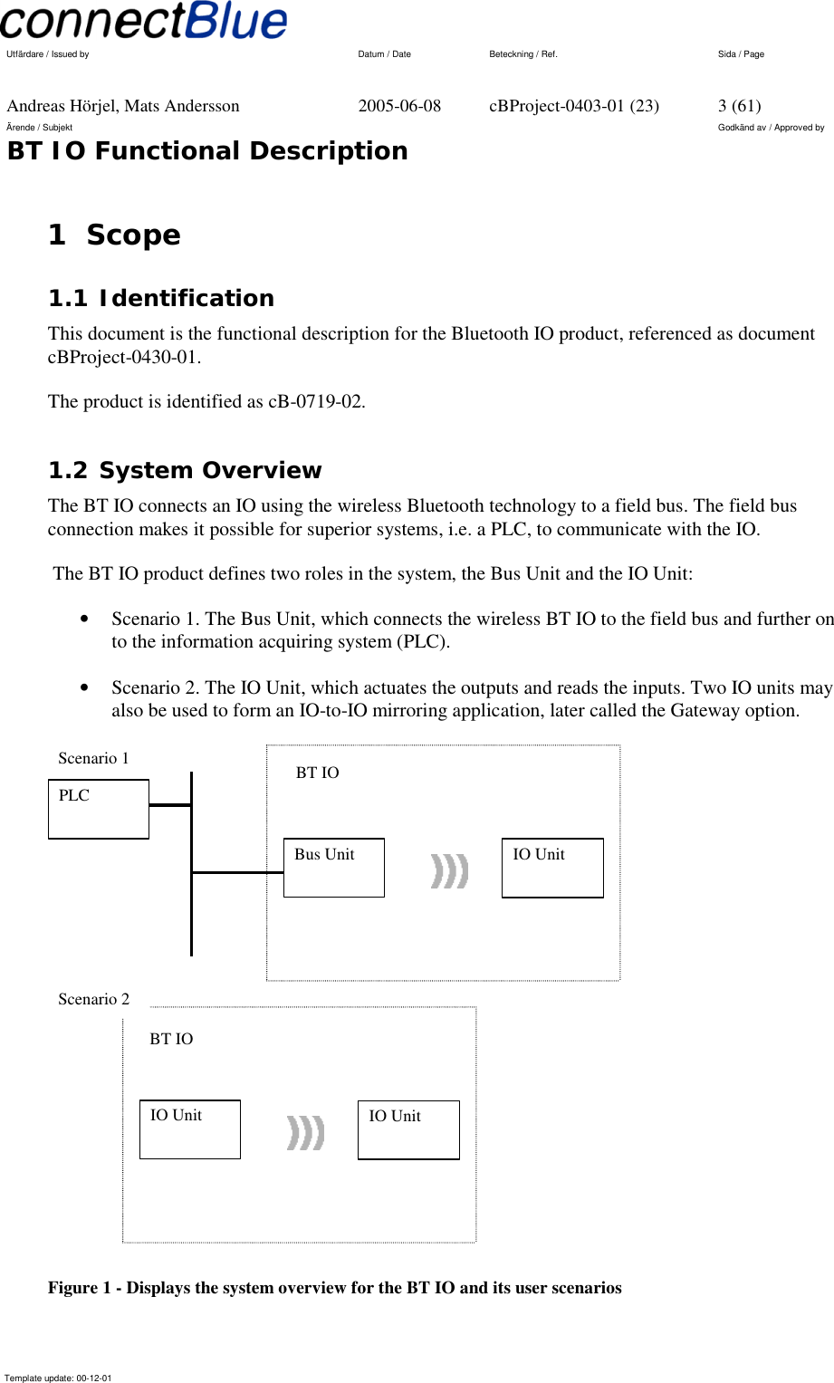   Utfärdare / Issued by      Datum / Date  Beteckning / Ref.  Sida / Page     Andreas Hörjel, Mats Andersson  2005-06-08  cBProject-0403-01 (23)  3 (61) Ärende / Subjekt  Godkänd av / Approved by BT IO Functional Description      Template update: 00-12-01    1 Scope 1.1 Identification This document is the functional description for the Bluetooth IO product, referenced as document cBProject-0430-01. The product is identified as cB-0719-02. 1.2 System Overview The BT IO connects an IO using the wireless Bluetooth technology to a field bus. The field bus connection makes it possible for superior systems, i.e. a PLC, to communicate with the IO.  The BT IO product defines two roles in the system, the Bus Unit and the IO Unit: •  Scenario 1. The Bus Unit, which connects the wireless BT IO to the field bus and further on to the information acquiring system (PLC). •  Scenario 2. The IO Unit, which actuates the outputs and reads the inputs. Two IO units may also be used to form an IO-to-IO mirroring application, later called the Gateway option.  Bus Unit  IO Unit PLC  Scenario 1 IO Unit  IO Unit BT IO Scenario 2 BT IO  Figure 1 - Displays the system overview for the BT IO and its user scenarios 