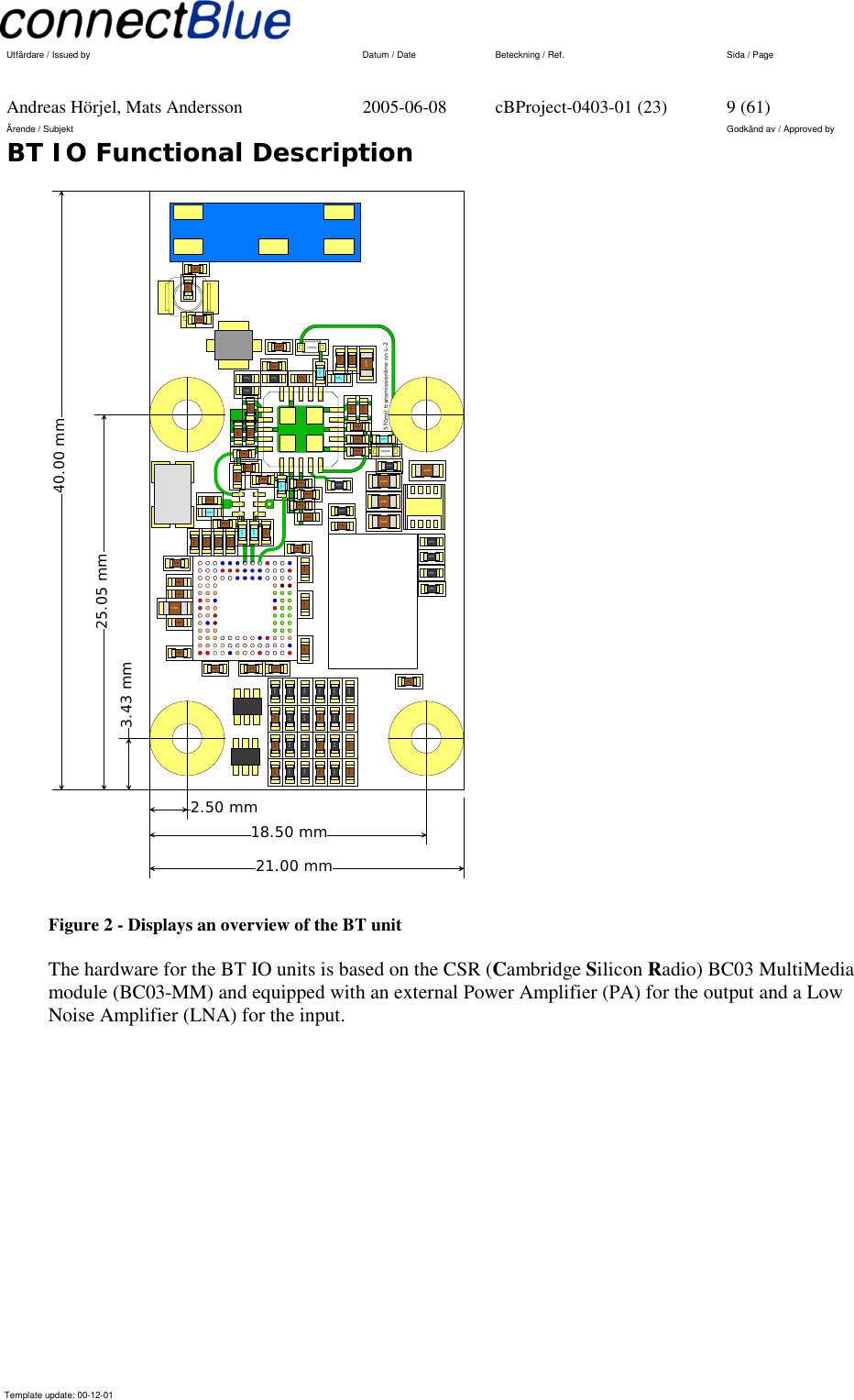   Utfärdare / Issued by      Datum / Date  Beteckning / Ref.  Sida / Page     Andreas Hörjel, Mats Andersson  2005-06-08  cBProject-0403-01 (23)  9 (61) Ärende / Subjekt  Godkänd av / Approved by BT IO Functional Description      Template update: 00-12-01    04020402G1F1E1BAR6304020402040204020402040204020402040204020402040204020402040204020402040204020402040204020402040204020402040204020402040204020402040206030402060304020402040204020402040204020402040204020402040204020402040204020402040204020402040204020402040204020402040204020402040204020402040204020402040204020402040204020402BAR63060306030603060304020402040204020402040204020402570mil transmissionline on L-204022.50 mm18.50 mm3.43 mm25.05 mm40.00 mm21.00 mm  Figure 2 - Displays an overview of the BT unit The hardware for the BT IO units is based on the CSR (Cambridge Silicon Radio) BC03 MultiMedia module (BC03-MM) and equipped with an external Power Amplifier (PA) for the output and a Low Noise Amplifier (LNA) for the input. 