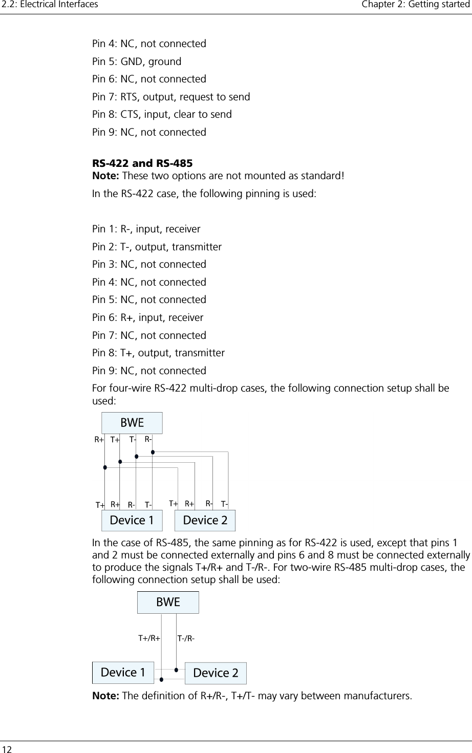 2.2: Electrical Interfaces    Chapter 2: Getting started 12     Pin 4: NC, not connected Pin 5: GND, ground Pin 6: NC, not connected Pin 7: RTS, output, request to send Pin 8: CTS, input, clear to send Pin 9: NC, not connected  RS-422 and RS-485 Note: These two options are not mounted as standard! In the RS-422 case, the following pinning is used:  Pin 1: R-, input, receiver Pin 2: T-, output, transmitter Pin 3: NC, not connected Pin 4: NC, not connected Pin 5: NC, not connected Pin 6: R+, input, receiver Pin 7: NC, not connected Pin 8: T+, output, transmitter Pin 9: NC, not connected For four-wire RS-422 multi-drop cases, the following connection setup shall be used: In the case of RS-485, the same pinning as for RS-422 is used, except that pins 1 and 2 must be connected externally and pins 6 and 8 must be connected externally to produce the signals T+/R+ and T-/R-. For two-wire RS-485 multi-drop cases, the following connection setup shall be used: Note: The definition of R+/R-, T+/T- may vary between manufacturers. 