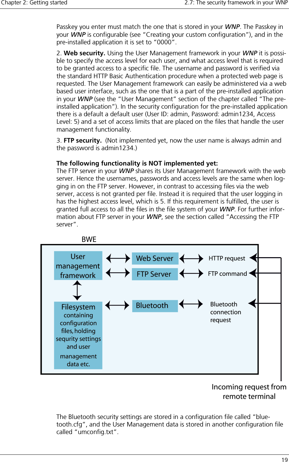 Chapter 2: Getting started    2.7: The security framework in your WNP   19 Passkey you enter must match the one that is stored in your WNP. The Passkey in your WNP is configurable (see “Creating your custom configuration”), and in the pre-installed application it is set to “0000”.  2. Web security. Using the User Management framework in your WNP it is possi-ble to specify the access level for each user, and what access level that is required to be granted access to a specific file. The username and password is verified via the standard HTTP Basic Authentication procedure when a protected web page is requested. The User Management framework can easily be administered via a web based user interface, such as the one that is a part of the pre-installed application in your WNP (see the “User Management” section of the chapter called “The pre-installed application”). In the security configuration for the pre-installed application there is a default a default user (User ID: admin, Password: admin1234, Access Level: 5) and a set of access limits that are placed on the files that handle the user management functionality. 3. FTP security.  (Not implemented yet, now the user name is always admin and the password is admin1234.)   The following functionality is NOT implemented yet: The FTP server in your WNP shares its User Management framework with the web server. Hence the usernames, passwords and access levels are the same when log-ging in on the FTP server. However, in contrast to accessing files via the web server, access is not granted per file. Instead it is required that the user logging in has the highest access level, which is 5. If this requirement is fulfilled, the user is granted full access to all the files in the file system of your WNP. For further infor-mation about FTP server in your WNP, see the section called “Accessing the FTP server”.  The Bluetooth security settings are stored in a configuration file called “blue-tooth.cfg”, and the User Management data is stored in another configuration file called “umconfig.txt”.