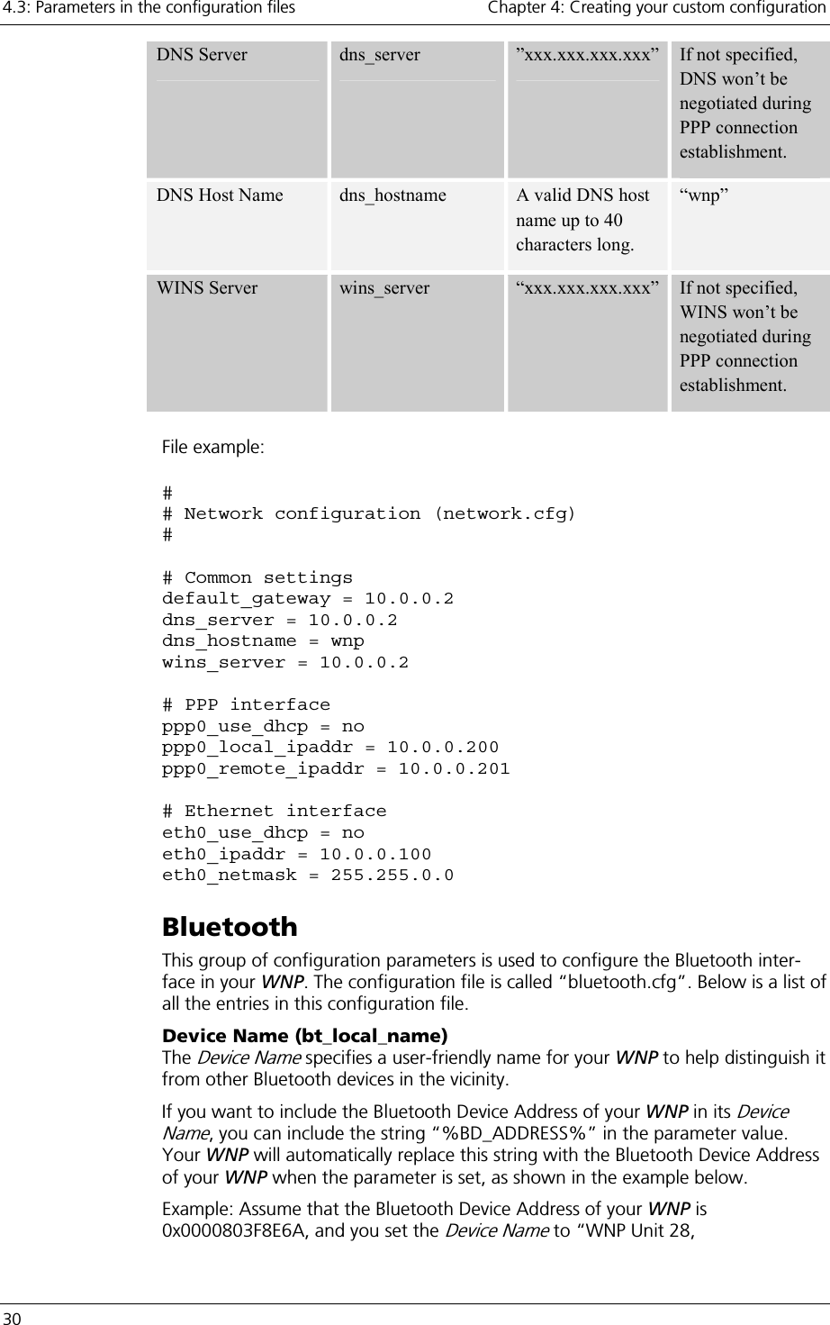 4.3: Parameters in the configuration files    Chapter 4: Creating your custom configuration 30     DNS Server  dns_server  ”xxx.xxx.xxx.xxx”  If not specified, DNS won’t be negotiated during PPP connection establishment. DNS Host Name  dns_hostname  A valid DNS host name up to 40 characters long. “wnp” WINS Server  wins_server  “xxx.xxx.xxx.xxx”  If not specified, WINS won’t be negotiated during PPP connection establishment.  File example: # # Network configuration (network.cfg) #  # Common settings default_gateway = 10.0.0.2 dns_server = 10.0.0.2 dns_hostname = wnp wins_server = 10.0.0.2  # PPP interface ppp0_use_dhcp = no ppp0_local_ipaddr = 10.0.0.200 ppp0_remote_ipaddr = 10.0.0.201  # Ethernet interface eth0_use_dhcp = no eth0_ipaddr = 10.0.0.100 eth0_netmask = 255.255.0.0 Bluetooth This group of configuration parameters is used to configure the Bluetooth inter-face in your WNP. The configuration file is called “bluetooth.cfg”. Below is a list of all the entries in this configuration file.  Device Name (bt_local_name) The Device Name specifies a user-friendly name for your WNP to help distinguish it from other Bluetooth devices in the vicinity. If you want to include the Bluetooth Device Address of your WNP in its Device Name, you can include the string “%BD_ADDRESS%” in the parameter value. Your WNP will automatically replace this string with the Bluetooth Device Address of your WNP when the parameter is set, as shown in the example below. Example: Assume that the Bluetooth Device Address of your WNP is 0x0000803F8E6A, and you set the Device Name to “WNP Unit 28, 