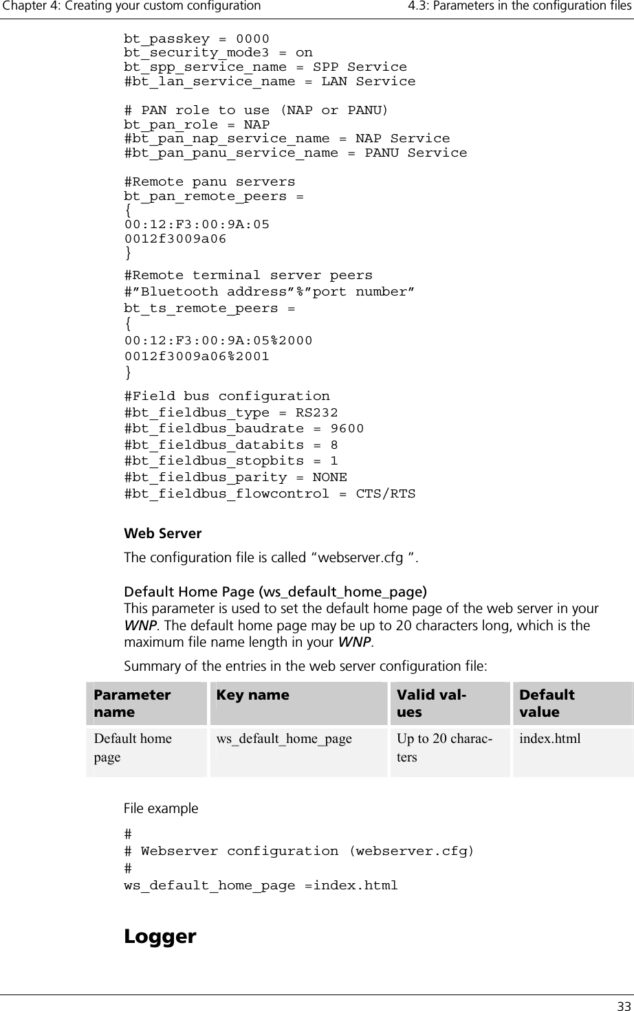 Chapter 4: Creating your custom configuration    4.3: Parameters in the configuration files   33 bt_passkey = 0000 bt_security_mode3 = on bt_spp_service_name = SPP Service #bt_lan_service_name = LAN Service  # PAN role to use (NAP or PANU) bt_pan_role = NAP #bt_pan_nap_service_name = NAP Service #bt_pan_panu_service_name = PANU Service  #Remote panu servers bt_pan_remote_peers =  { 00:12:F3:00:9A:05 0012f3009a06 } #Remote terminal server peers #”Bluetooth address”%”port number” bt_ts_remote_peers =  { 00:12:F3:00:9A:05%2000 0012f3009a06%2001 } #Field bus configuration #bt_fieldbus_type = RS232 #bt_fieldbus_baudrate = 9600 #bt_fieldbus_databits = 8 #bt_fieldbus_stopbits = 1 #bt_fieldbus_parity = NONE #bt_fieldbus_flowcontrol = CTS/RTS  Web Server The configuration file is called “webserver.cfg ”. Default Home Page (ws_default_home_page) This parameter is used to set the default home page of the web server in your WNP. The default home page may be up to 20 characters long, which is the maximum file name length in your WNP. Summary of the entries in the web server configuration file: Parameter name Key name  Valid val-ues Default value Default home page  ws_default_home_page  Up to 20 charac-ters index.html  File example # # Webserver configuration (webserver.cfg) # ws_default_home_page =index.html Logger 