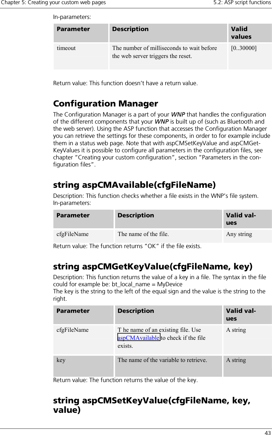 Chapter 5: Creating your custom web pages    5.2: ASP script functions   43 In-parameters: Parameter   Description  Valid values timeout  The number of milliseconds to wait before the web server triggers the reset. [0..30000]   Return value: This function doesn’t have a return value. Configuration Manager The Configuration Manager is a part of your WNP that handles the configuration of the different components that your WNP is built up of (such as Bluetooth and the web server). Using the ASP function that accesses the Configuration Manager you can retrieve the settings for these components, in order to for example include them in a status web page. Note that with aspCMSetKeyValue and aspCMGet-KeyValues it is possible to configure all parameters in the configuration files, see chapter “Creating your custom configuration”, section ”Parameters in the con-figuration files”. string aspCMAvailable(cfgFileName)  Description: This function checks whether a file exists in the WNP’s file system. In-parameters:  Parameter   Description  Valid val-ues cfgFileName  The name of the file.  Any string Return value: The function returns “OK” if the file exists. string aspCMGetKeyValue(cfgFileName, key)  Description: This function returns the value of a key in a file. The syntax in the file could for example be: bt_local_name = MyDevice The key is the string to the left of the equal sign and the value is the string to the right. Parameter   Description  Valid val-ues cfgFileName  T he name of an existing file. Use aspCMAvailable to check if the file exists.  A string key  The name of the variable to retrieve.  A string Return value: The function returns the value of the key.  string aspCMSetKeyValue(cfgFileName, key, value)  