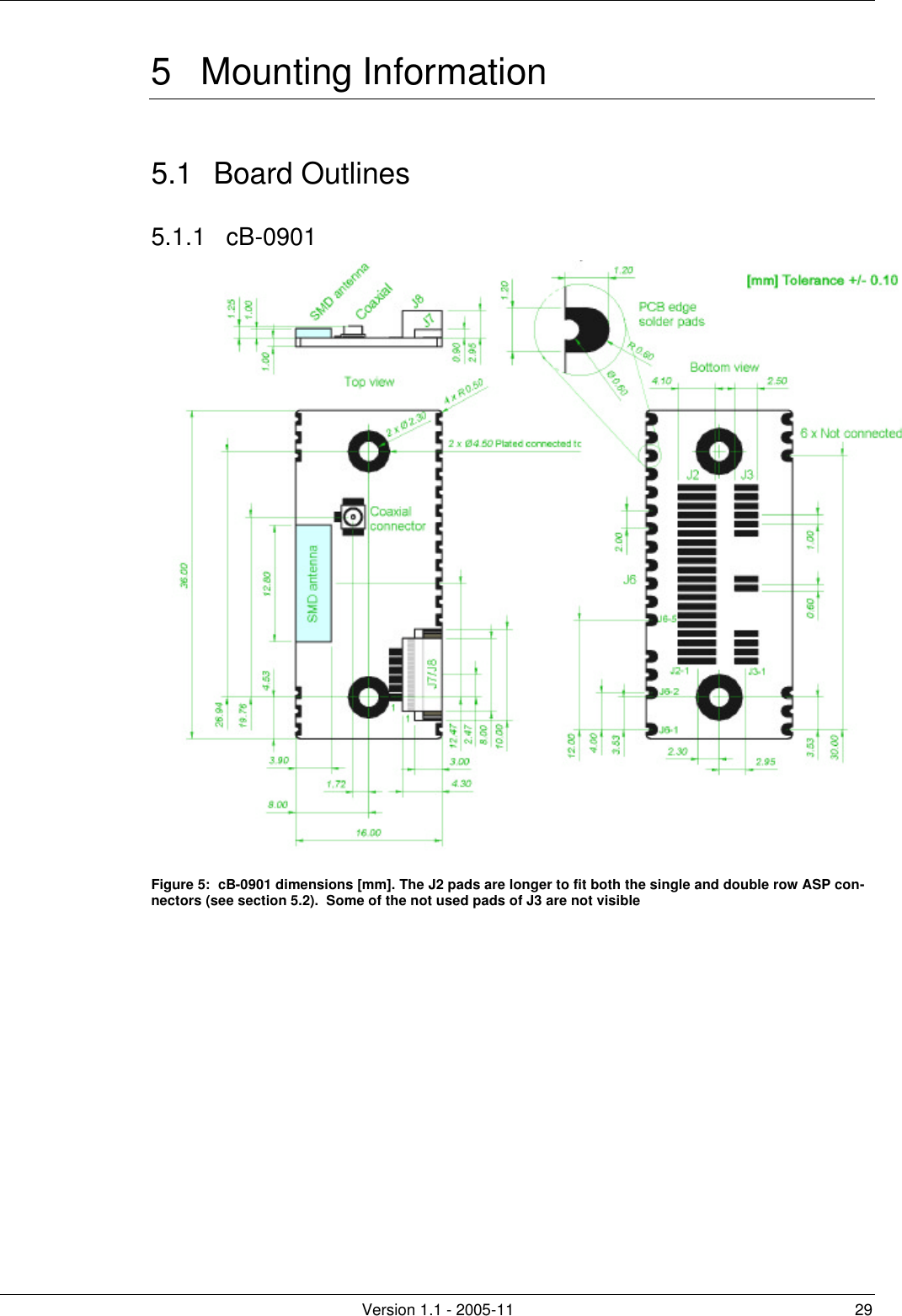         Version 1.1 - 2005-11 29 5 Mounting Information 5.1 Board Outlines 5.1.1 cB-0901  Figure 5:  cB-0901 dimensions [mm]. The J2 pads are longer to fit both the single and double row ASP con-nectors (see section 5.2).  Some of the not used pads of J3 are not visible   