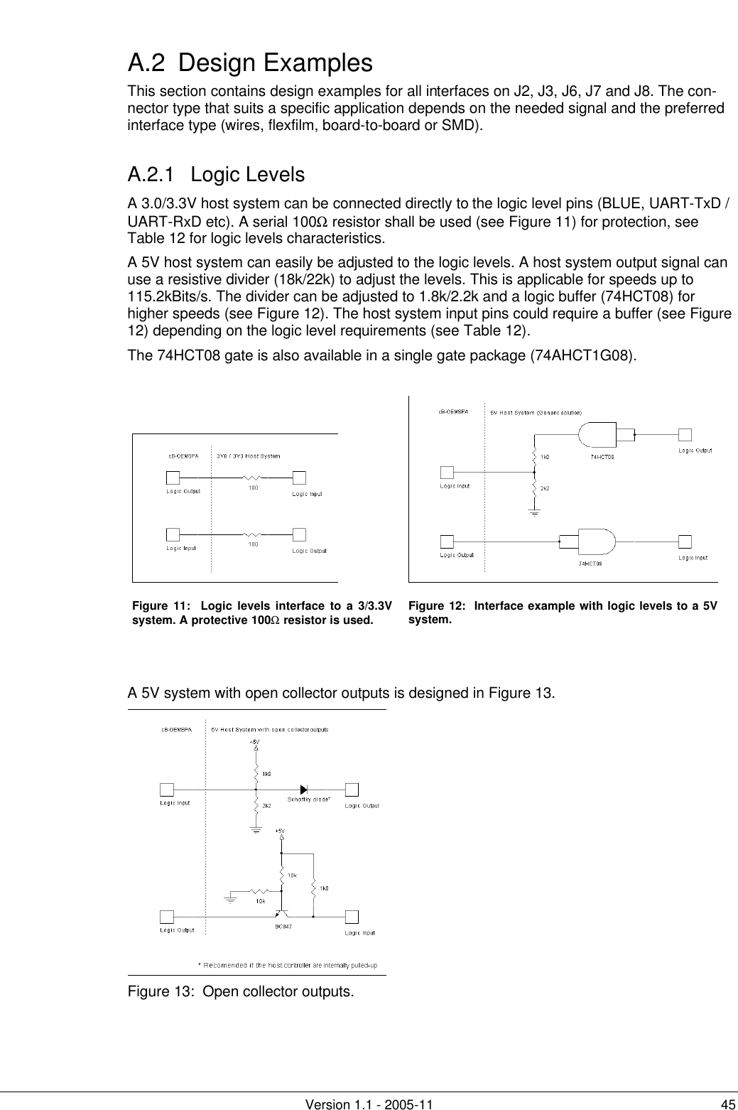         Version 1.1 - 2005-11 45 A.2 Design Examples This section contains design examples for all interfaces on J2, J3, J6, J7 and J8. The con-nector type that suits a specific application depends on the needed signal and the preferred interface type (wires, flexfilm, board-to-board or SMD). A.2.1 Logic Levels A 3.0/3.3V host system can be connected directly to the logic level pins (BLUE, UART-TxD / UART-RxD etc). A serial 100Ω resistor shall be used (see Figure 11) for protection, see Table 12 for logic levels characteristics. A 5V host system can easily be adjusted to the logic levels. A host system output signal can use a resistive divider (18k/22k) to adjust the levels. This is applicable for speeds up to 115.2kBits/s. The divider can be adjusted to 1.8k/2.2k and a logic buffer (74HCT08) for higher speeds (see Figure 12). The host system input pins could require a buffer (see Figure 12) depending on the logic level requirements (see Table 12). The 74HCT08 gate is also available in a single gate package (74AHCT1G08).    Figure  11:  Logic levels interface to a 3/3.3V system. A protective 100Ω resistor is used. Figure 12:  Interface example with logic levels to a 5V system.   A 5V system with open collector outputs is designed in Figure 13.  Figure 13:  Open collector outputs. 