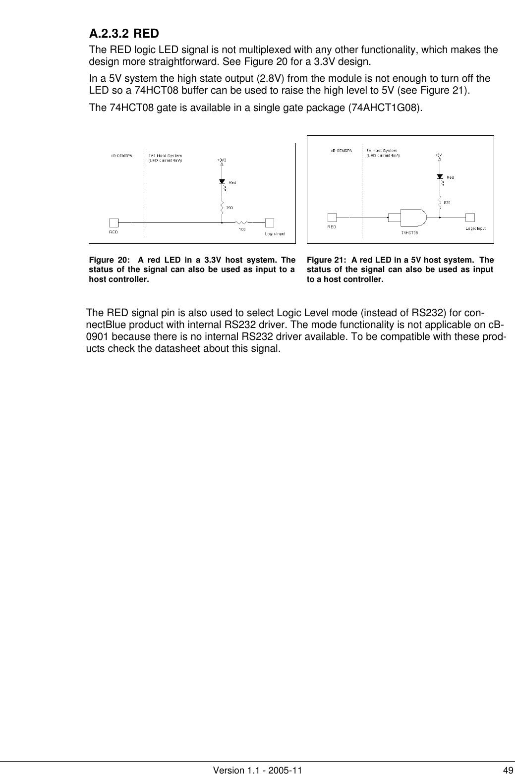         Version 1.1 - 2005-11 49 A.2.3.2 RED The RED logic LED signal is not multiplexed with any other functionality, which makes the design more straightforward. See Figure 20 for a 3.3V design.  In a 5V system the high state output (2.8V) from the module is not enough to turn off the LED so a 74HCT08 buffer can be used to raise the high level to 5V (see Figure 21). The 74HCT08 gate is available in a single gate package (74AHCT1G08).    Figure  20:  A red LED in a 3.3V host system. The status of the signal can also be used as input to a host controller. Figure 21:  A red LED in a 5V host system.  The status of the signal can also be used as input to a host controller.  The RED signal pin is also used to select Logic Level mode (instead of RS232) for con-nectBlue product with internal RS232 driver. The mode functionality is not applicable on cB-0901 because there is no internal RS232 driver available. To be compatible with these prod-ucts check the datasheet about this signal. 