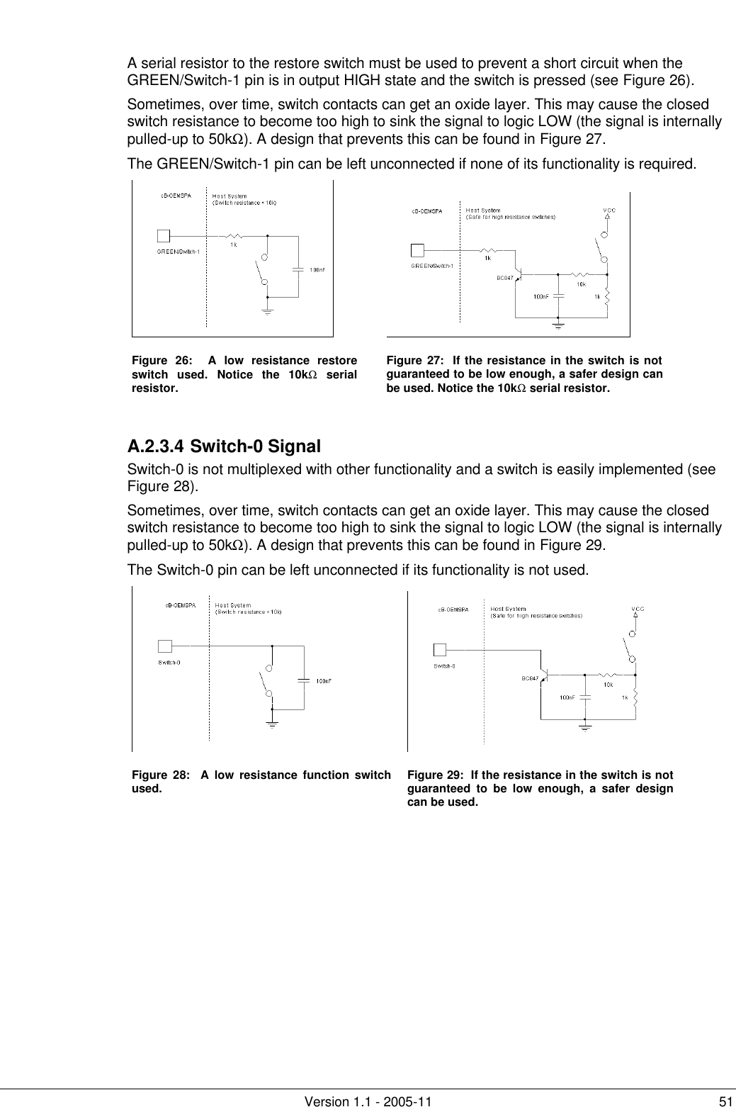         Version 1.1 - 2005-11 51  A serial resistor to the restore switch must be used to prevent a short circuit when the GREEN/Switch-1 pin is in output HIGH state and the switch is pressed (see Figure 26).   Sometimes, over time, switch contacts can get an oxide layer. This may cause the closed switch resistance to become too high to sink the signal to logic LOW (the signal is internally pulled-up to 50kΩ). A design that prevents this can be found in Figure 27. The GREEN/Switch-1 pin can be left unconnected if none of its functionality is required.    Figure  26:  A low resistance restore switch used. Notice the 10kΩ serial resistor. Figure 27:  If the resistance in the switch is not guaranteed to be low enough, a safer design can be used. Notice the 10kΩ serial resistor.  A.2.3.4 Switch-0 Signal Switch-0 is not multiplexed with other functionality and a switch is easily implemented (see Figure 28).  Sometimes, over time, switch contacts can get an oxide layer. This may cause the closed switch resistance to become too high to sink the signal to logic LOW (the signal is internally pulled-up to 50kΩ). A design that prevents this can be found in Figure 29. The Switch-0 pin can be left unconnected if its functionality is not used.    Figure  28:  A low resistance function switch used. Figure 29:  If the resistance in the switch is not guaranteed to be low enough, a safer design can be used.  