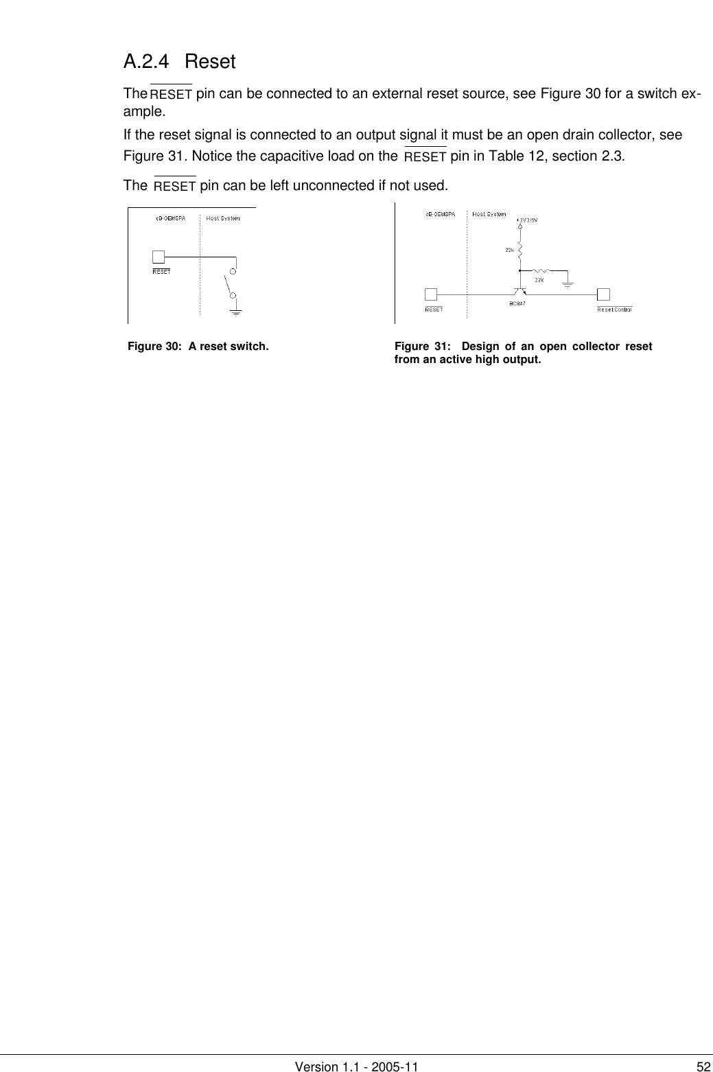         Version 1.1 - 2005-11 52 A.2.4 Reset TheRESET pin can be connected to an external reset source, see Figure 30 for a switch ex-ample. If the reset signal is connected to an output signal it must be an open drain collector, see Figure 31. Notice the capacitive load on the RESET pin in Table 12, section 2.3. The RESET pin can be left unconnected if not used.    Figure 30:  A reset switch. Figure  31:  Design of an open collector reset from an active high output.  