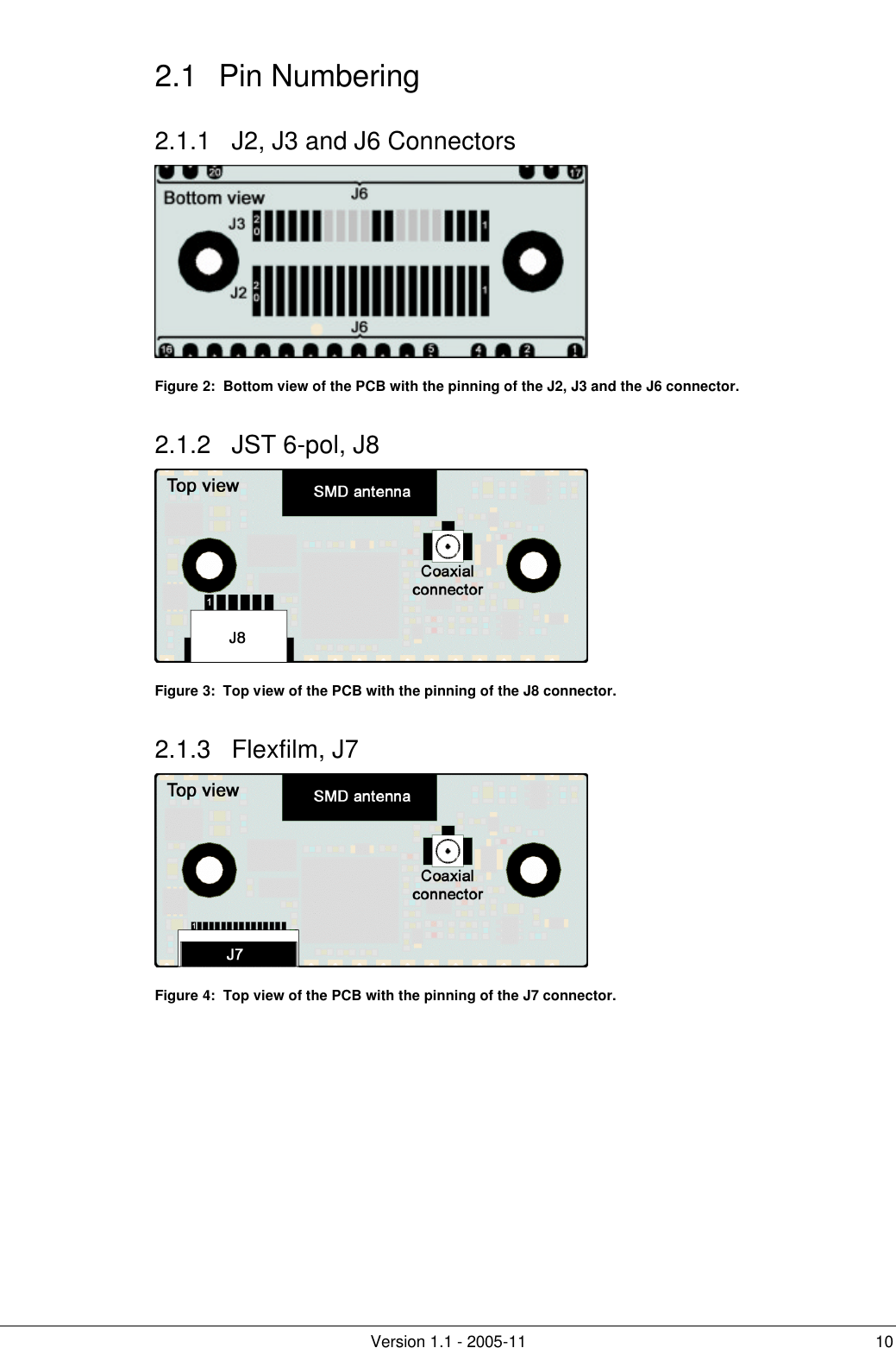         Version 1.1 - 2005-11 10 2.1 Pin Numbering 2.1.1 J2, J3 and J6 Connectors  Figure 2:  Bottom view of the PCB with the pinning of the J2, J3 and the J6 connector. 2.1.2 JST 6-pol, J8  Figure 3:  Top view of the PCB with the pinning of the J8 connector. 2.1.3 Flexfilm, J7  Figure 4:  Top view of the PCB with the pinning of the J7 connector.    