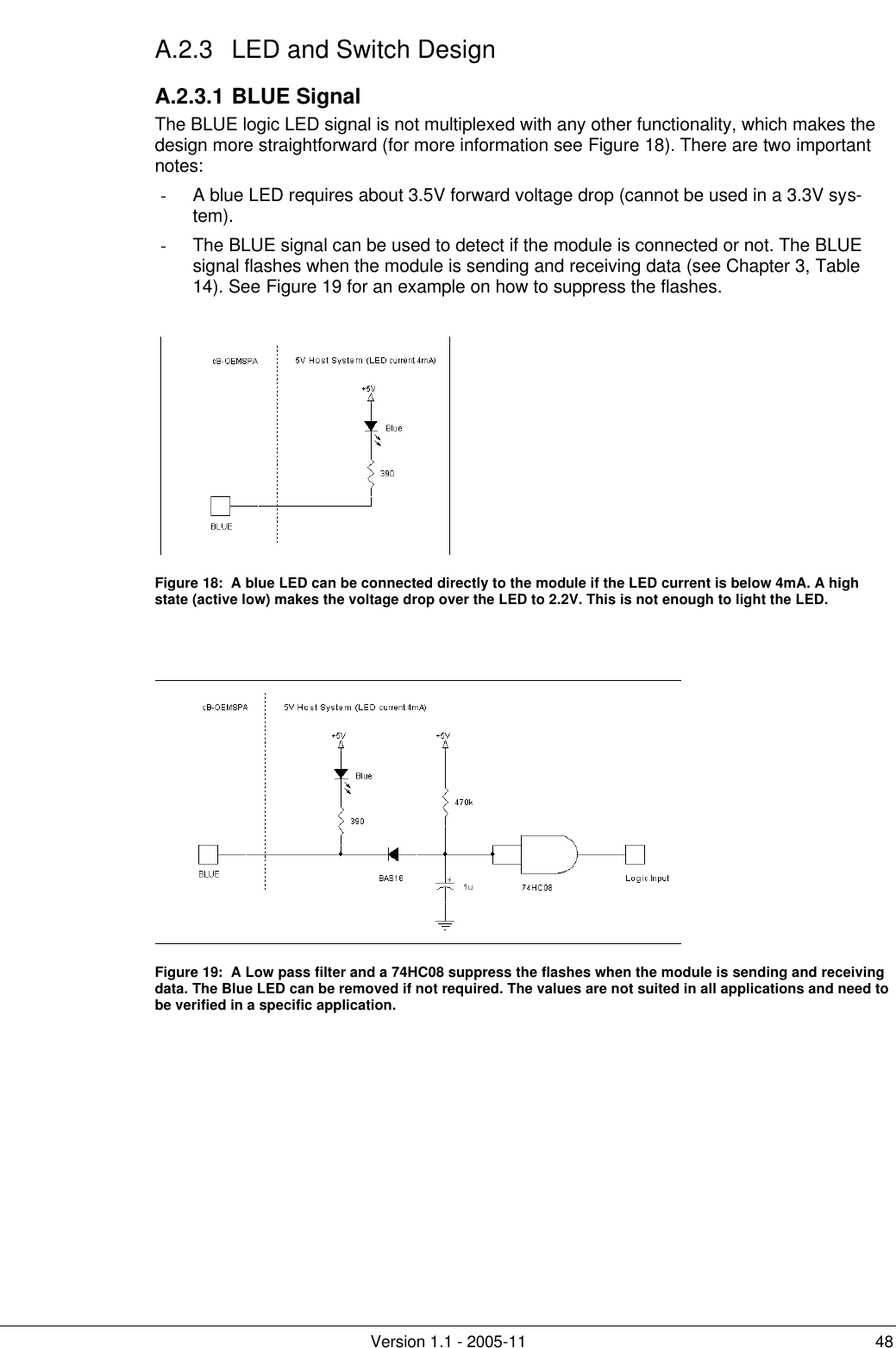         Version 1.1 - 2005-11 48 A.2.3 LED and Switch Design A.2.3.1 BLUE Signal The BLUE logic LED signal is not multiplexed with any other functionality, which makes the design more straightforward (for more information see Figure 18). There are two important notes: - A blue LED requires about 3.5V forward voltage drop (cannot be used in a 3.3V sys-tem).  - The BLUE signal can be used to detect if the module is connected or not. The BLUE signal flashes when the module is sending and receiving data (see Chapter 3, Table 14). See Figure 19 for an example on how to suppress the flashes.   Figure 18:  A blue LED can be connected directly to the module if the LED current is below 4mA. A high state (active low) makes the voltage drop over the LED to 2.2V. This is not enough to light the LED.    Figure 19:  A Low pass filter and a 74HC08 suppress the flashes when the module is sending and receiving data. The Blue LED can be removed if not required. The values are not suited in all applications and need to be verified in a specific application.  