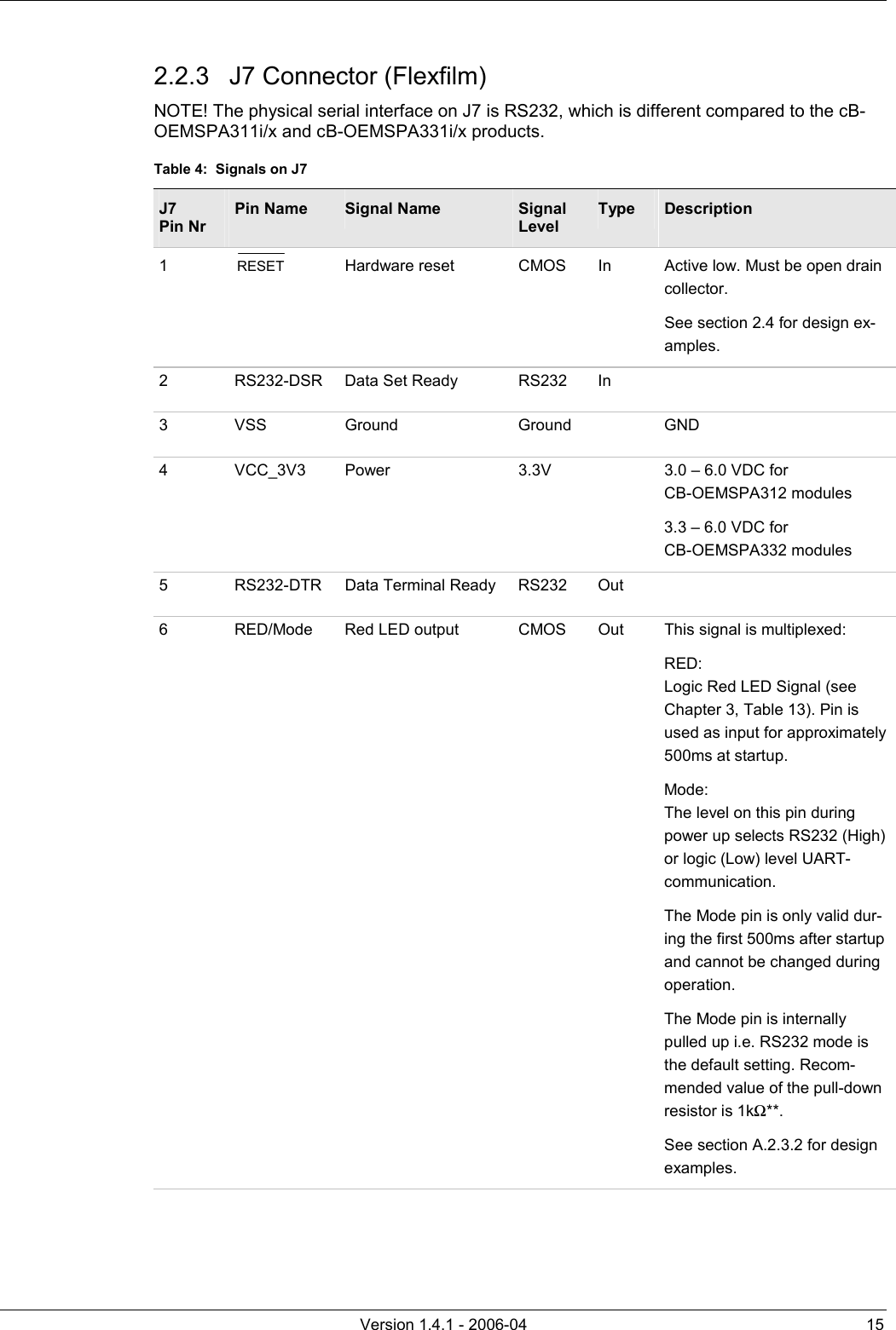          Version 1.4.1 - 2006-04  15 2.2.3  J7 Connector (Flexfilm) NOTE! The physical serial interface on J7 is RS232, which is different compared to the cB-OEMSPA311i/x and cB-OEMSPA331i/x products. Table 4:  Signals on J7 J7 Pin Nr Pin Name  Signal Name  Signal Level Type  Description 1  RESET   Hardware reset  CMOS  In  Active low. Must be open drain collector.  See section 2.4 for design ex-amples. 2  RS232-DSR  Data Set Ready  RS232  In   3 VSS  Ground  Ground  GND 4  VCC_3V3  Power  3.3V    3.0 – 6.0 VDC for  CB-OEMSPA312 modules 3.3 – 6.0 VDC for  CB-OEMSPA332 modules 5  RS232-DTR  Data Terminal Ready  RS232  Out   6  RED/Mode  Red LED output  CMOS  Out  This signal is multiplexed: RED: Logic Red LED Signal (see Chapter 3, Table 13). Pin is used as input for approximately 500ms at startup. Mode: The level on this pin during power up selects RS232 (High) or logic (Low) level UART-communication.  The Mode pin is only valid dur-ing the first 500ms after startup and cannot be changed during operation.  The Mode pin is internally pulled up i.e. RS232 mode is the default setting. Recom-mended value of the pull-down resistor is 1kΩ**. See section A.2.3.2 for design examples. 