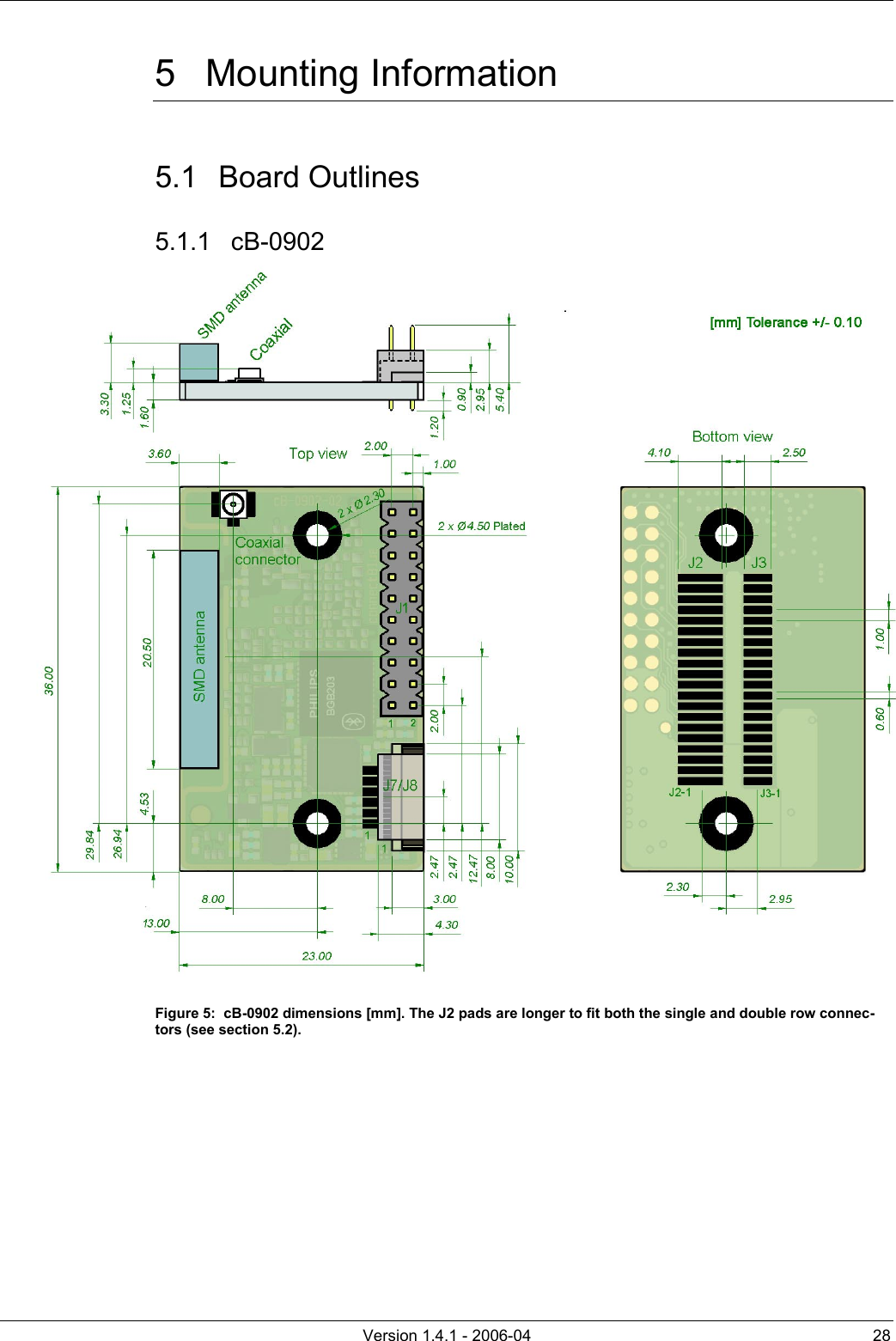          Version 1.4.1 - 2006-04  28 5 Mounting Information 5.1 Board Outlines 5.1.1 cB-0902  Figure 5:  cB-0902 dimensions [mm]. The J2 pads are longer to fit both the single and double row connec-tors (see section 5.2).    