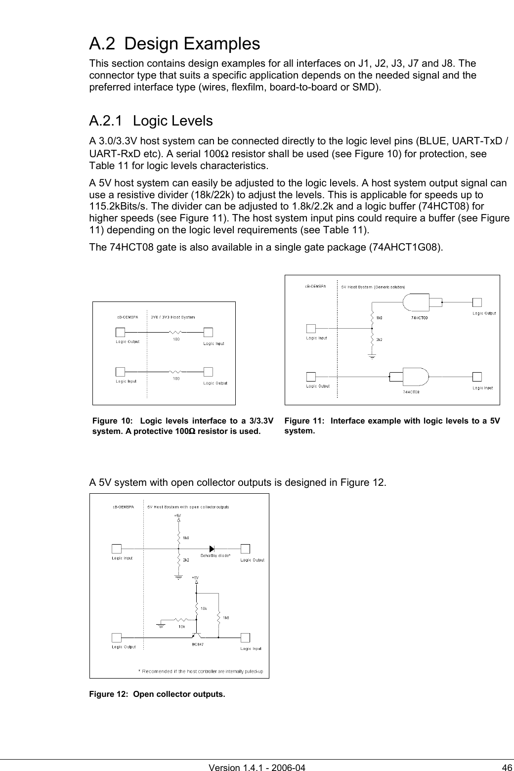          Version 1.4.1 - 2006-04  46 A.2 Design Examples This section contains design examples for all interfaces on J1, J2, J3, J7 and J8. The connector type that suits a specific application depends on the needed signal and the preferred interface type (wires, flexfilm, board-to-board or SMD). A.2.1 Logic Levels A 3.0/3.3V host system can be connected directly to the logic level pins (BLUE, UART-TxD / UART-RxD etc). A serial 100Ω resistor shall be used (see Figure 10) for protection, see Table 11 for logic levels characteristics. A 5V host system can easily be adjusted to the logic levels. A host system output signal can use a resistive divider (18k/22k) to adjust the levels. This is applicable for speeds up to 115.2kBits/s. The divider can be adjusted to 1.8k/2.2k and a logic buffer (74HCT08) for higher speeds (see Figure 11). The host system input pins could require a buffer (see Figure 11) depending on the logic level requirements (see Table 11). The 74HCT08 gate is also available in a single gate package (74AHCT1G08).   Figure 10:  Logic levels interface to a 3/3.3V system. A protective 100ΩΩΩΩ resistor is used. Figure 11:  Interface example with logic levels to a 5V system.   A 5V system with open collector outputs is designed in Figure 12.  Figure 12:  Open collector outputs. 