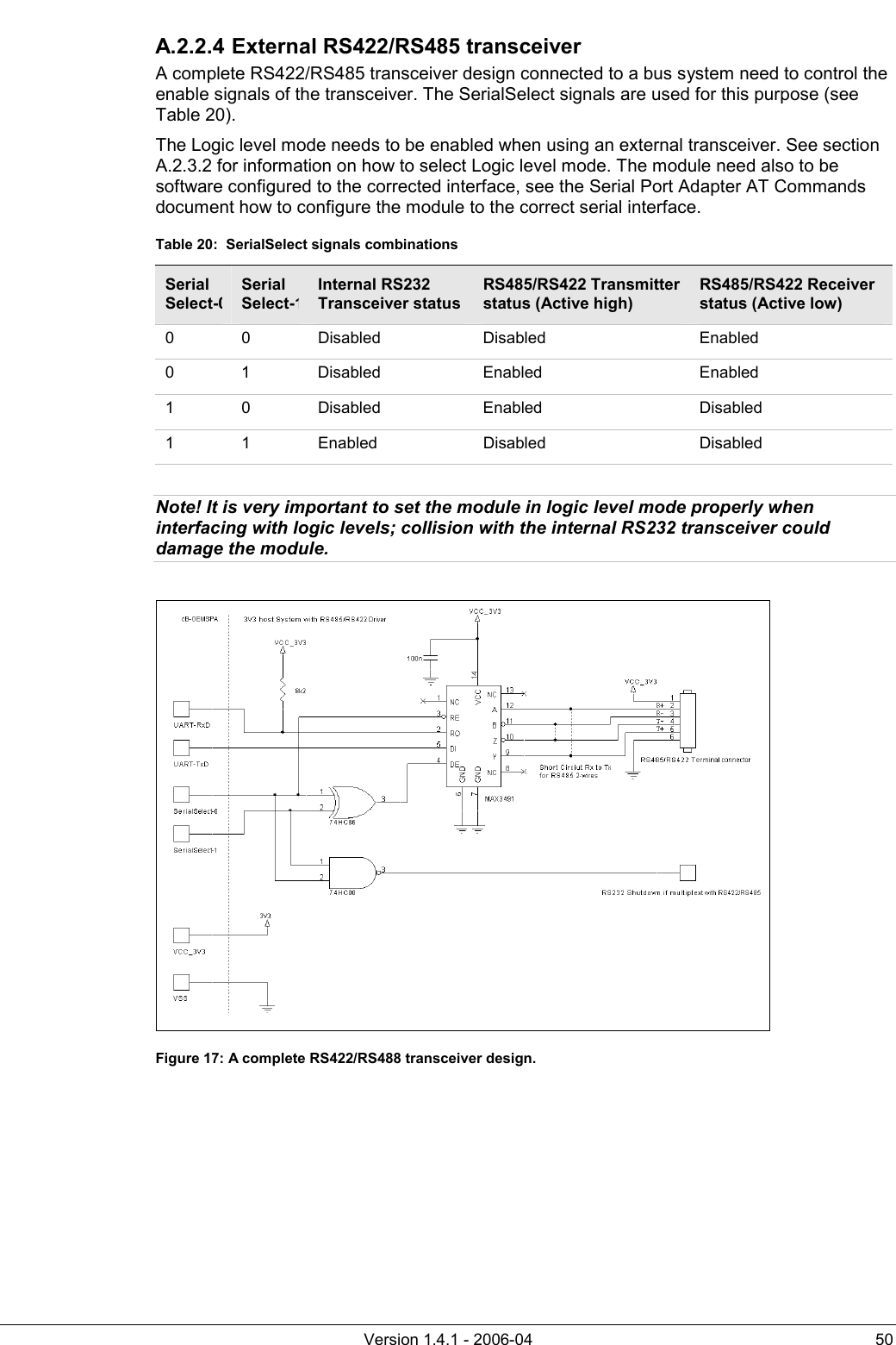          Version 1.4.1 - 2006-04  50 A.2.2.4 External RS422/RS485 transceiver A complete RS422/RS485 transceiver design connected to a bus system need to control the enable signals of the transceiver. The SerialSelect signals are used for this purpose (see Table 20).  The Logic level mode needs to be enabled when using an external transceiver. See section A.2.3.2 for information on how to select Logic level mode. The module need also to be software configured to the corrected interface, see the Serial Port Adapter AT Commands document how to configure the module to the correct serial interface. Table 20:  SerialSelect signals combinations Serial Select-0Serial Select-1 Internal RS232 Transceiver status RS485/RS422 Transmitter status (Active high) RS485/RS422 Receiver status (Active low) 0 0 Disabled  Disabled  Enabled 0 1 Disabled  Enabled  Enabled 1 0 Disabled  Enabled  Disabled 1 1 Enabled  Disabled  Disabled  Note! It is very important to set the module in logic level mode properly when interfacing with logic levels; collision with the internal RS232 transceiver could damage the module.   Figure 17: A complete RS422/RS488 transceiver design. 