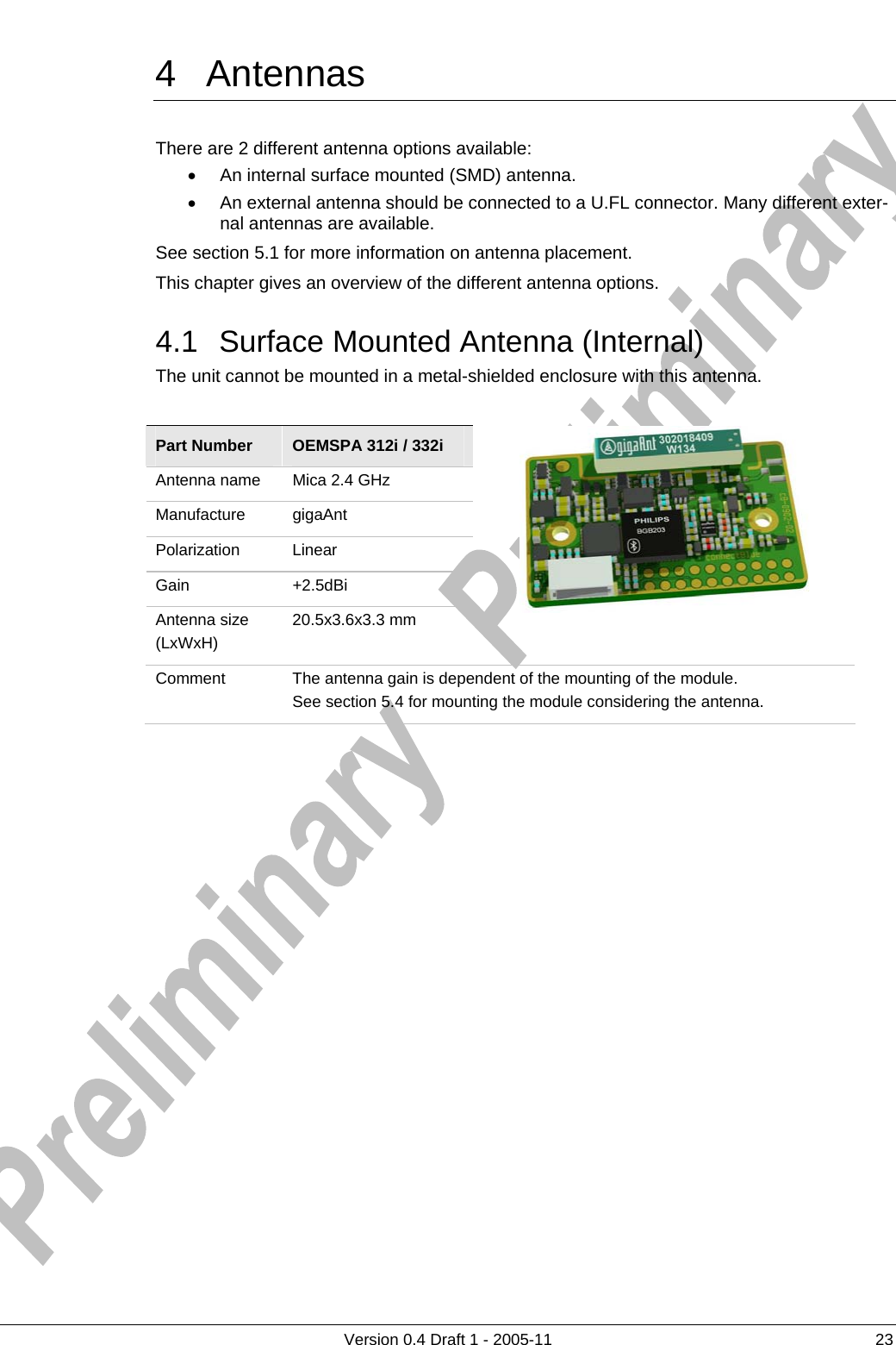     4 Antennas      Version 0.4 Draft 1 - 2005-11  23 There are 2 different antenna options available: •  An internal surface mounted (SMD) antenna. •  An external antenna should be connected to a U.FL connector. Many different exter-nal antennas are available. See section 5.1 for more information on antenna placement. This chapter gives an overview of the different antenna options.  4.1  Surface Mounted Antenna (Internal) The unit cannot be mounted in a metal-shielded enclosure with this antenna.  Part Number  OEMSPA 312i / 332i  Antenna name  Mica 2.4 GHz Manufacture gigaAnt Polarization Linear Gain +2.5dBi  Antenna size (LxWxH) 20.5x3.6x3.3 mm   Comment  The antenna gain is dependent of the mounting of the module.  See section 5.4 for mounting the module considering the antenna.  