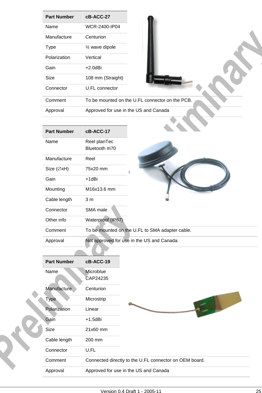          Version 0.4 Draft 1 - 2005-11  25 Part Number  cB-ACC-27 Name WCR-2400-IP04 Manufacture Centurion Type ½ wave dipole Polarization Vertical Gain +2.0dBi Size  108 mm (Straight) Connector U.FL connector   Comment  To be mounted on the U.FL connector on the PCB.   Approval  Approved for use in the US and Canada  Part Number  cB-ACC-17 Name Reel planTec Bluetooth m70 Manufacture Reel Size (∅xH) 75x20 mm Gain +1dBi Mounting   M16x13.6 mm Cable length  3 m Connector SMA male Other info  Waterproof (IP67)   Comment  To be mounted on the U.FL to SMA adapter cable.  Approval  Not approved for use in the US and Canada.  Part Number  cB-ACC-19 Name Microblue CAP24235  Manufacture Centurion Type Microstrip Polarization Linear Gain +1.5dBi Size 21x60 mm Cable length  200 mm Connector U.FL  Comment  Connected directly to the U.FL connector on OEM board. Approval  Approved for use in the US and Canada 