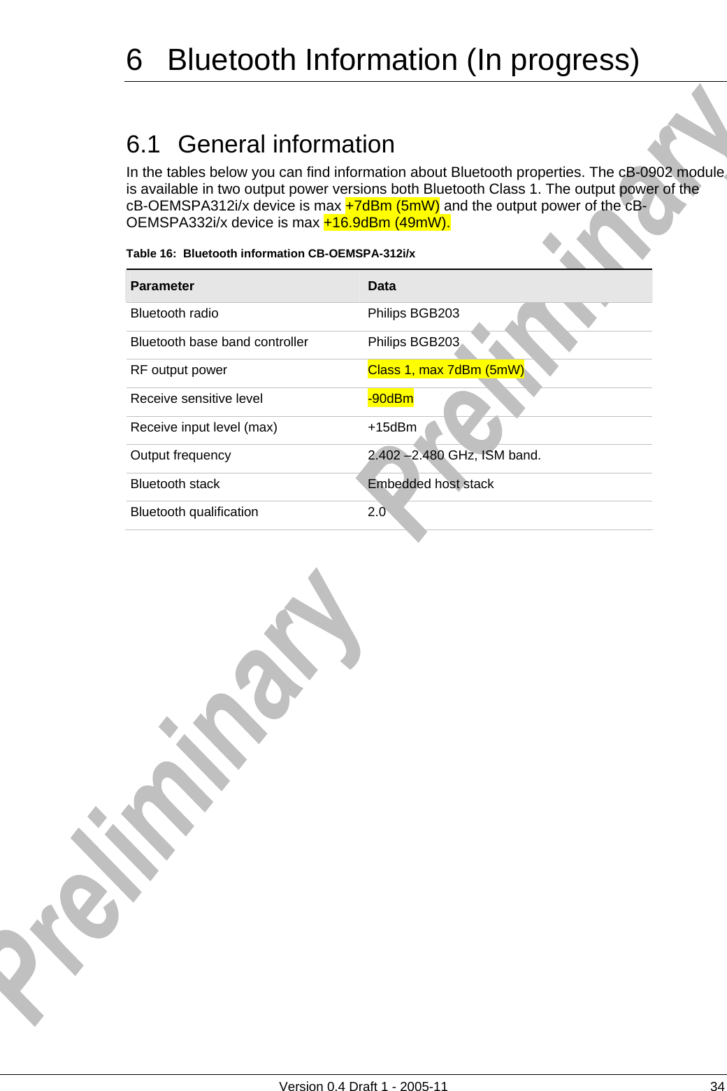          Version 0.4 Draft 1 - 2005-11  34 6  Bluetooth Information (In progress) 6.1 General information In the tables below you can find information about Bluetooth properties. The cB-0902 module is available in two output power versions both Bluetooth Class 1. The output power of the cB-OEMSPA312i/x device is max +7dBm (5mW) and the output power of the cB-OEMSPA332i/x device is max +16.9dBm (49mW). Table 16:  Bluetooth information CB-OEMSPA-312i/x Parameter  Data Bluetooth radio  Philips BGB203 Bluetooth base band controller  Philips BGB203 RF output power  Class 1, max 7dBm (5mW) Receive sensitive level  -90dBm Receive input level (max)  +15dBm Output frequency  2.402 –2.480 GHz, ISM band. Bluetooth stack  Embedded host stack Bluetooth qualification  2.0   