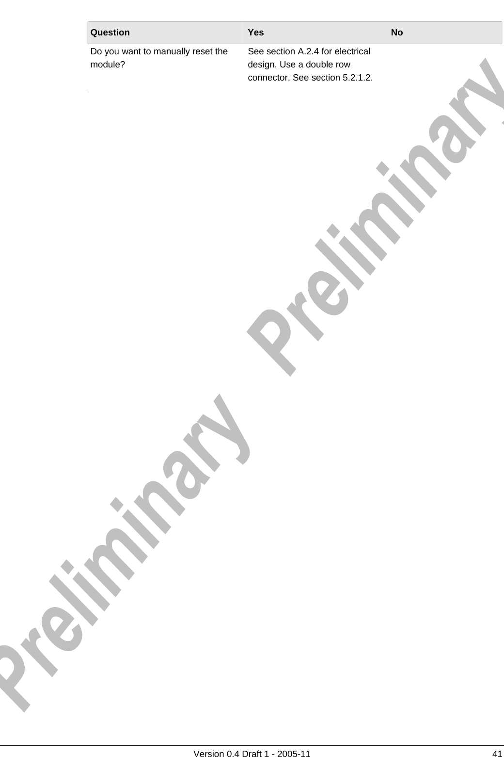          Version 0.4 Draft 1 - 2005-11  41 Question  Yes  No Do you want to manually reset the module? See section A.2.4 for electrical design. Use a double row connector. See section 5.2.1.2.  