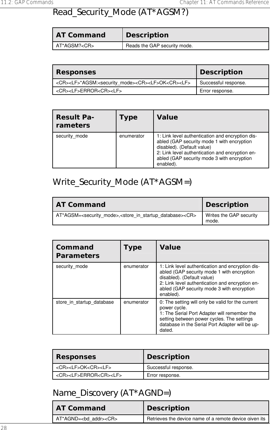 11.2: GAP Commands    Chapter 11: AT Commands Reference 28     Read_Security_Mode (AT*AGSM?)  AT Command  Description AT*AGSM?&lt;CR&gt;  Reads the GAP security mode.  Responses  Description &lt;CR&gt;&lt;LF&gt;*AGSM:&lt;security_mode&gt;&lt;CR&gt;&lt;LF&gt;OK&lt;CR&gt;&lt;LF&gt; Successful response. &lt;CR&gt;&lt;LF&gt;ERROR&lt;CR&gt;&lt;LF&gt; Error response.  Result Pa-rameters  Type  Value security_mode  enumerator  1: Link level authentication and encryption dis-abled (GAP security mode 1 with encryption disabled). (Default value) 2: Link level authentication and encryption en-abled (GAP security mode 3 with encryption enabled). Write_Security_Mode (AT*AGSM=)  AT Command  Description AT*AGSM=&lt;security_mode&gt;,&lt;store_in_startup_database&gt;&lt;CR&gt;  Writes the GAP security mode.  Command Parameters  Type  Value security_mode  enumerator  1: Link level authentication and encryption dis-abled (GAP security mode 1 with encryption disabled). (Default value) 2: Link level authentication and encryption en-abled (GAP security mode 3 with encryption enabled). store_in_startup_database  enumerator  0: The setting will only be valid for the current power cycle. 1: The Serial Port Adapter will remember the setting between power cycles. The settings database in the Serial Port Adapter will be up-dated.  Responses  Description &lt;CR&gt;&lt;LF&gt;OK&lt;CR&gt;&lt;LF&gt; Successful response. &lt;CR&gt;&lt;LF&gt;ERROR&lt;CR&gt;&lt;LF&gt; Error response. Name_Discovery (AT*AGND=) AT Command  Description AT*AGND=&lt;bd_addr&gt;&lt;CR&gt; Retrieves the device name of a remote device given its